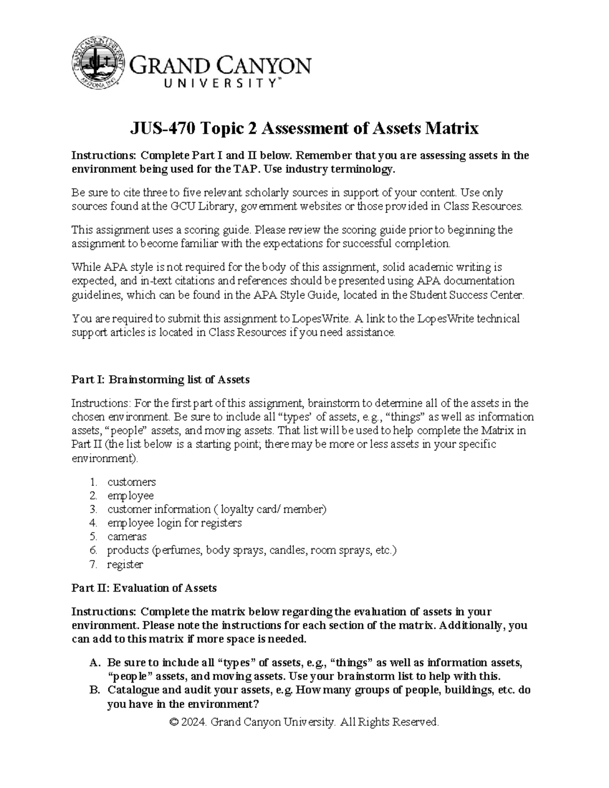 Tap 2 threat assessment JUS470 Topic 2 Assessment of Assets Matrix Instructions Complete