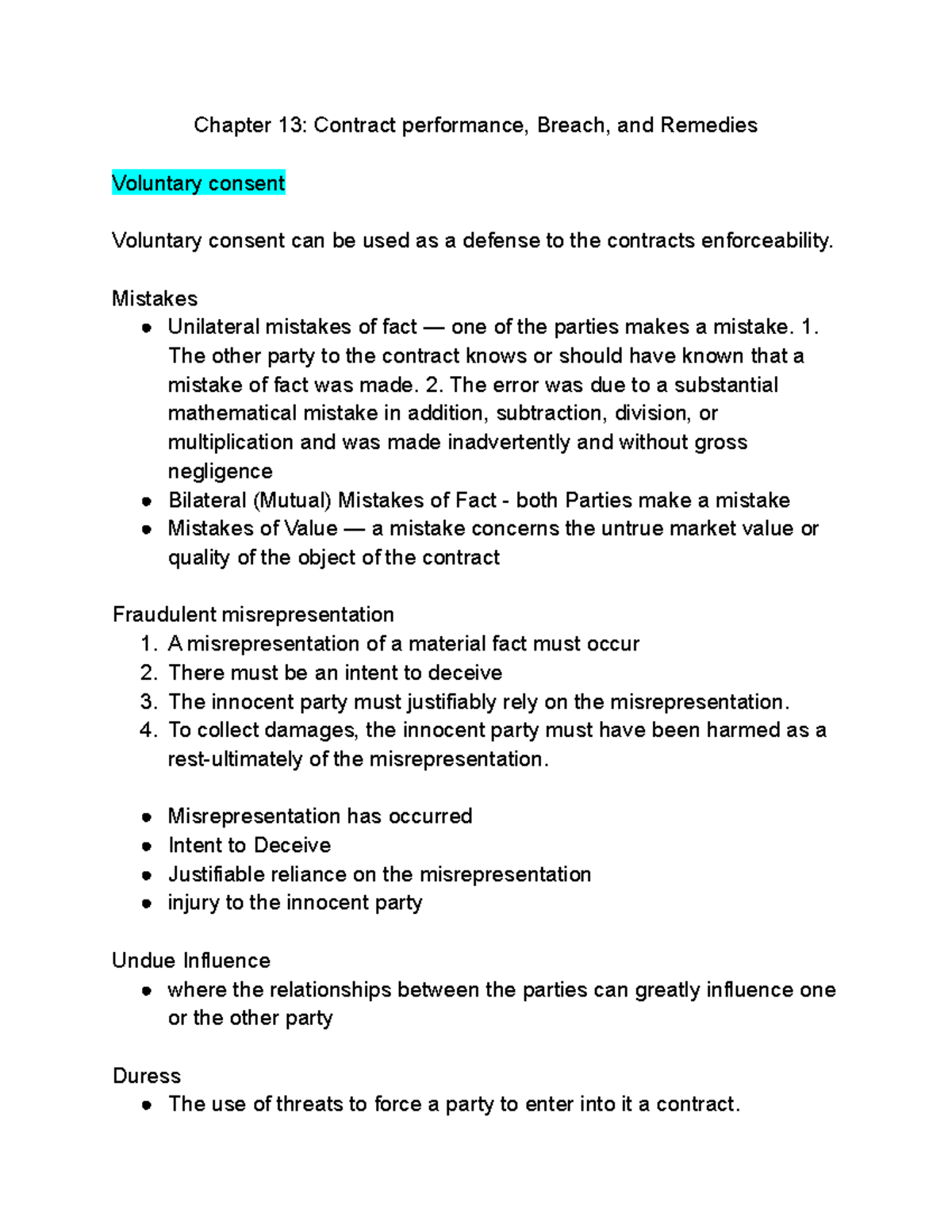 Chapter 13 Law outline - Chapter 13: Contract performance, Breach, and ...