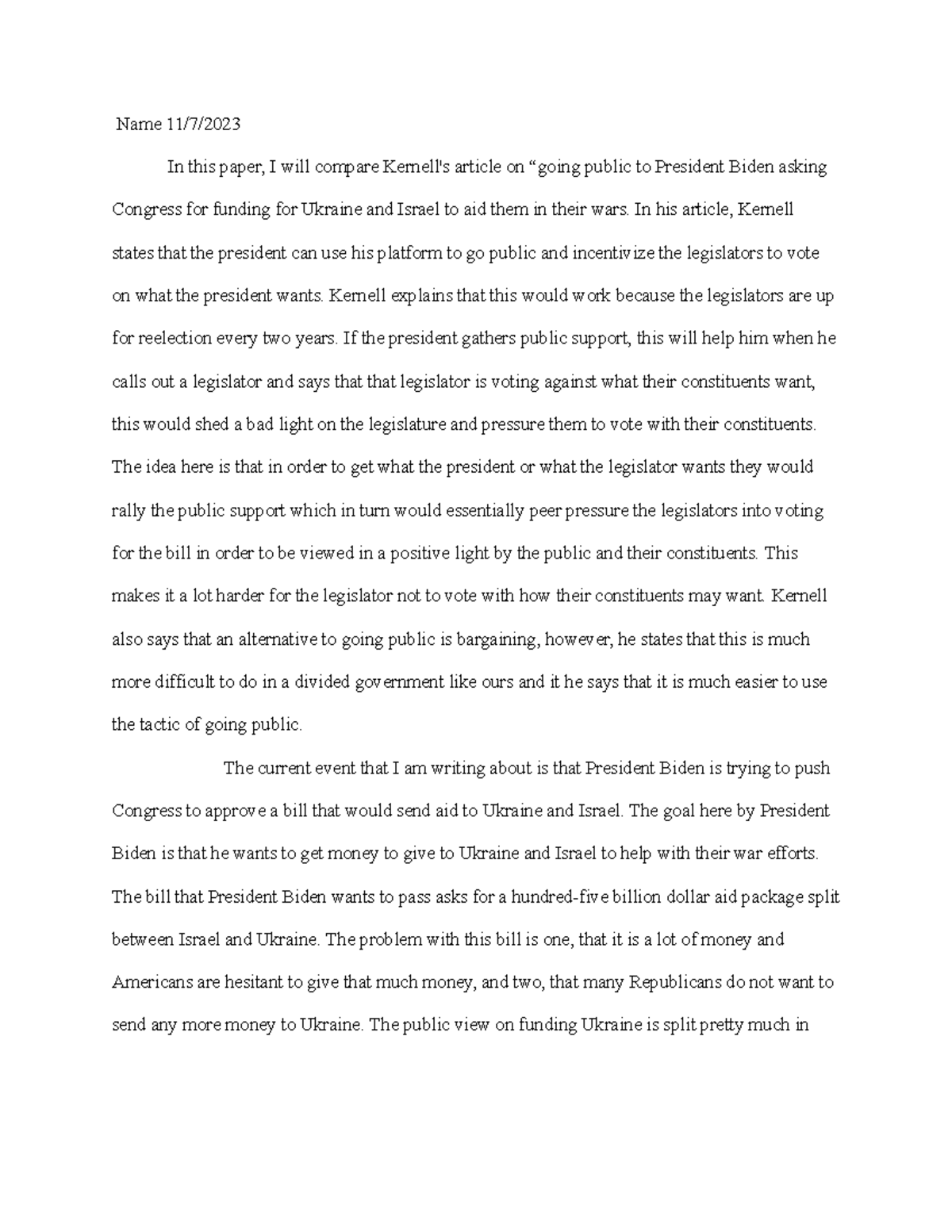 PLSC Paper Part 1 - Name 11/7/ In this paper, I will compare Kernell's ...