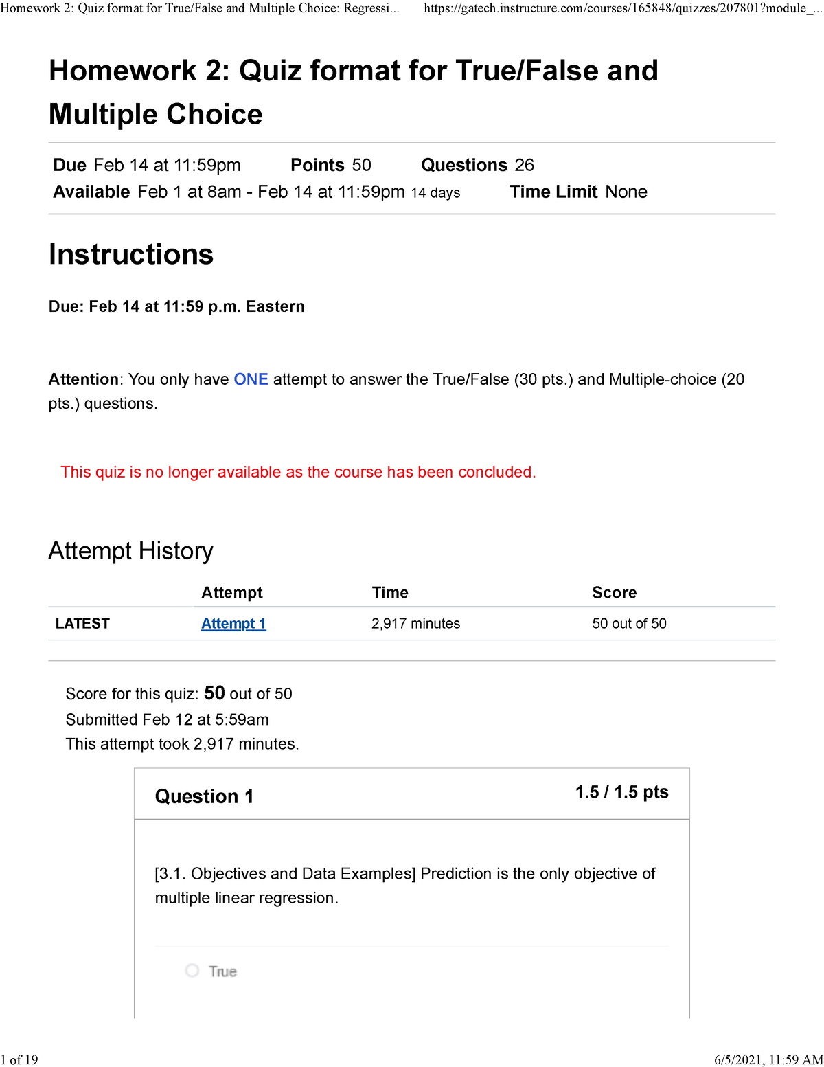 Homework 2 Quiz Format For True False And Multiple Choice Regression ...