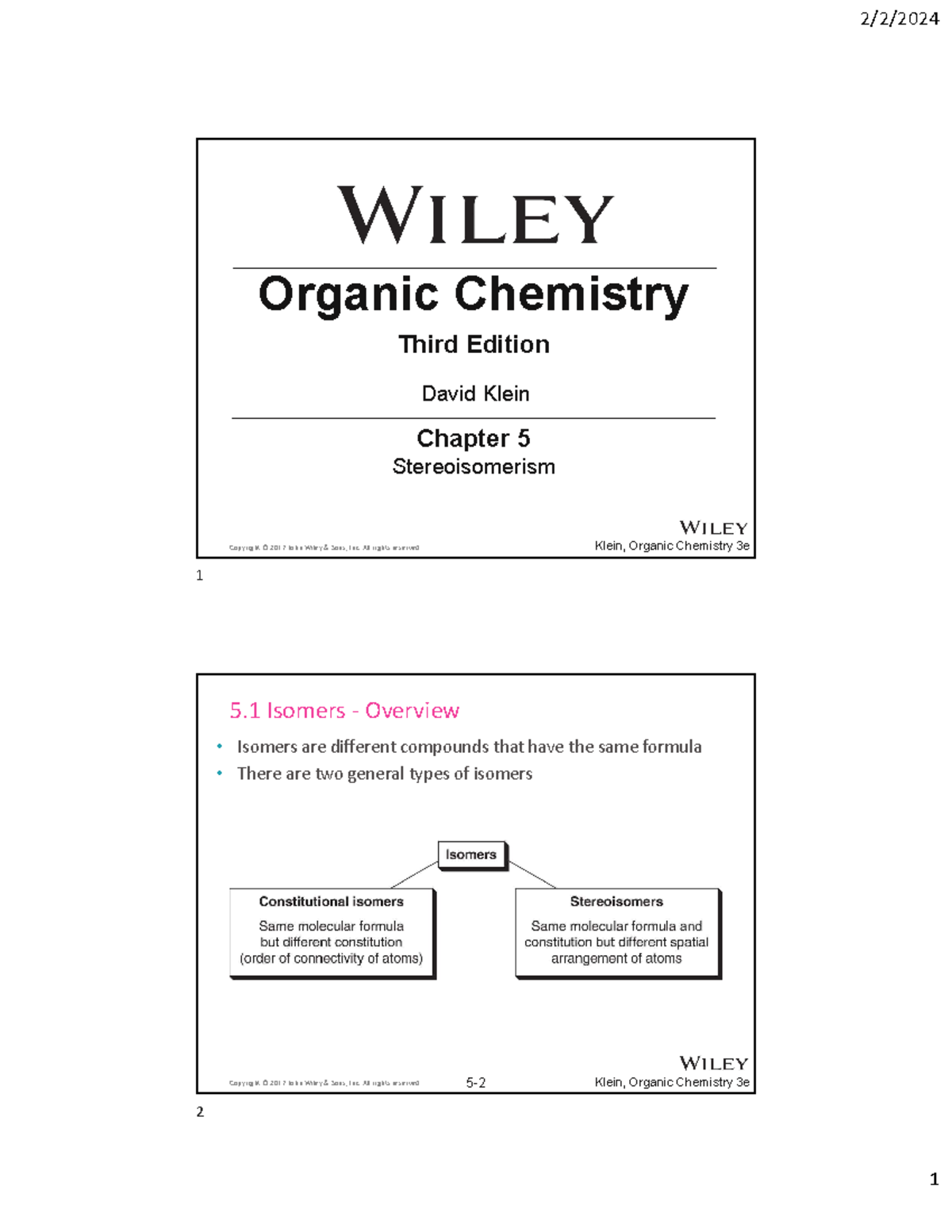 Stereoisomerism handouts - Chapter 5 Stereoisomerism Organic Chemistry ...