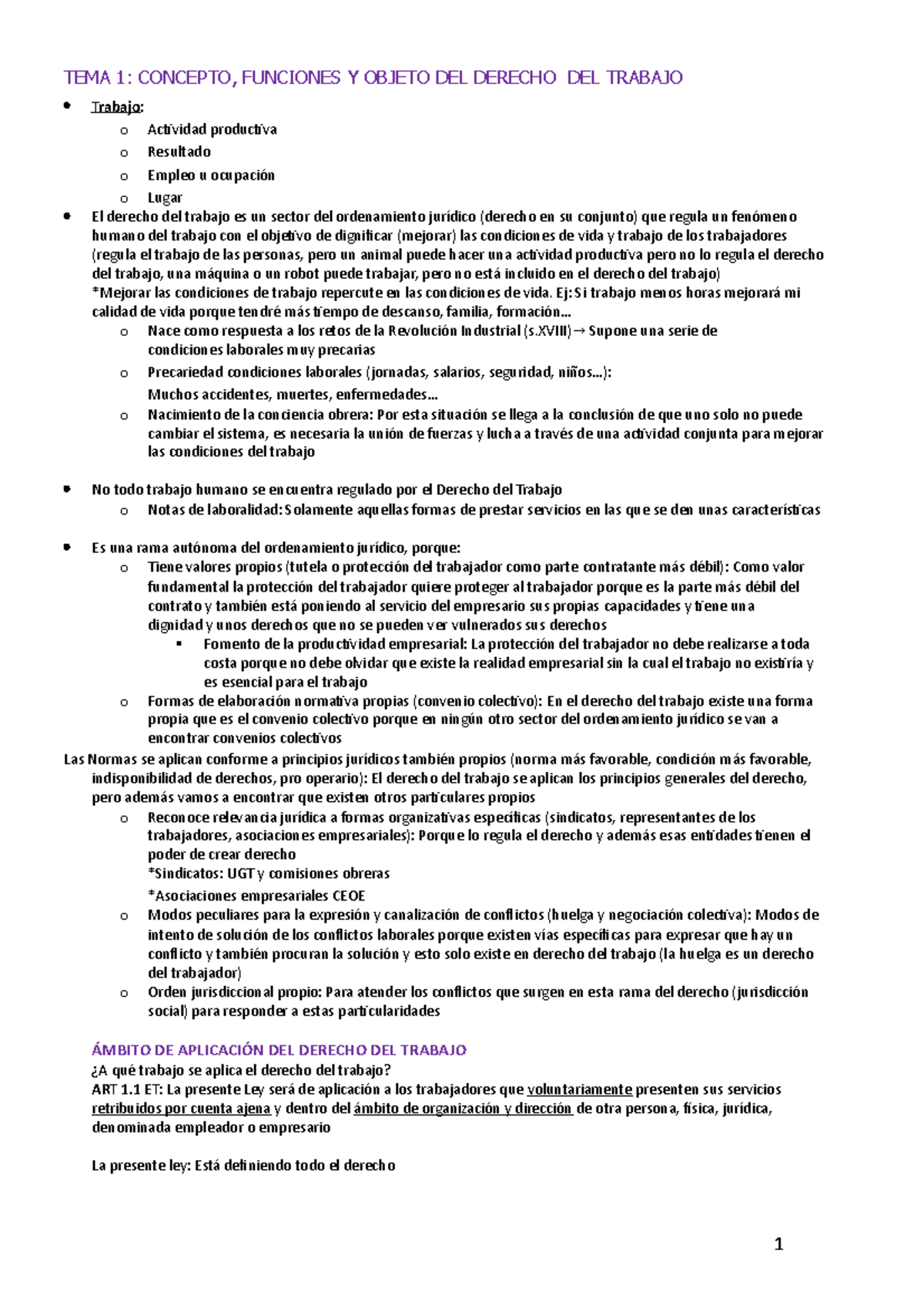 TEMA 1 Derecho DEL Trabajo - 1 TEMA 1: CONCEPTO, FUNCIONES Y OBJETO DEL ...