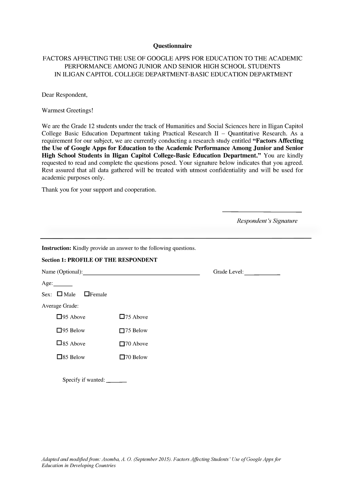 Edited Survey Questionnaire II - Adapted and modified from: Asomba, A ...