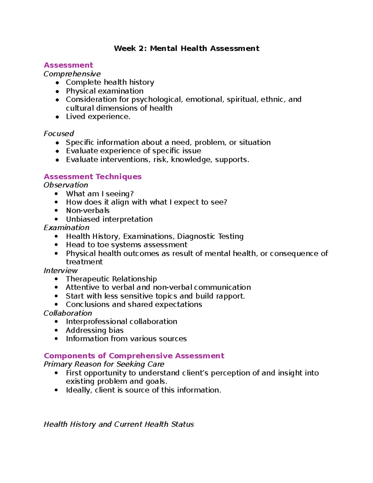 Week 2 Notes - Week 2: Mental Health Assessment Assessment ...