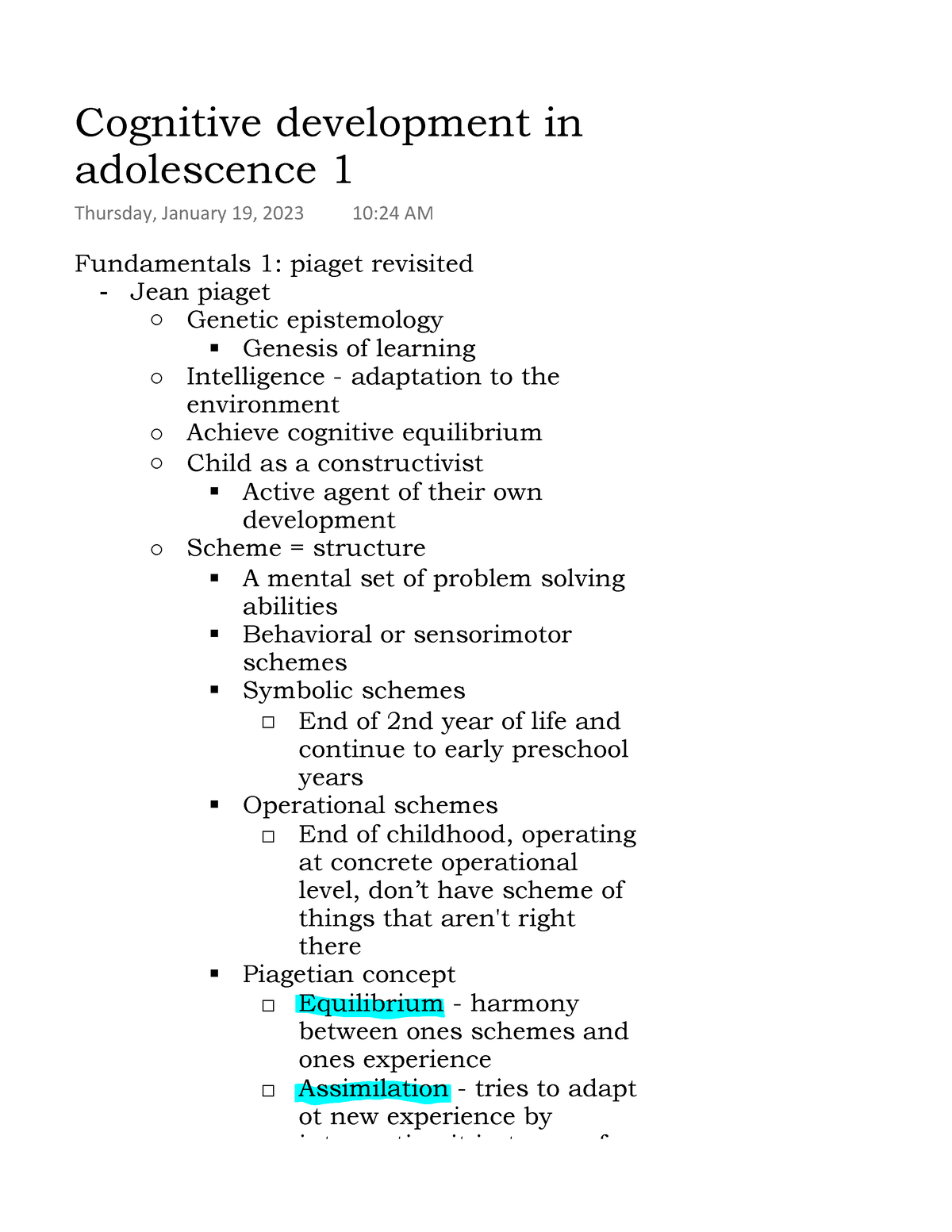 Cognitive development in adolescence 1 Fundamentals 1 piaget