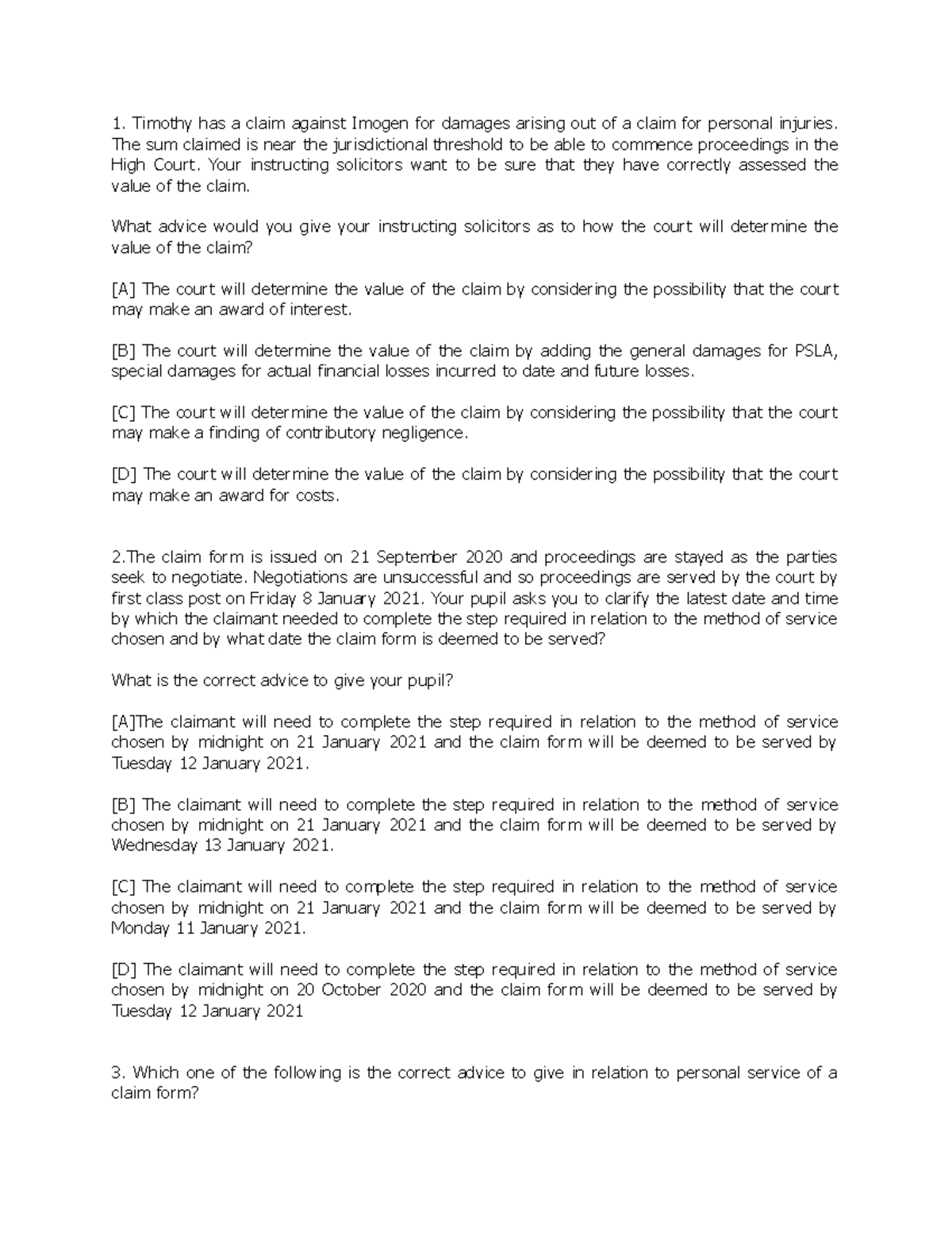 Questions on service - civil litigation test sample - Timothy has a ...