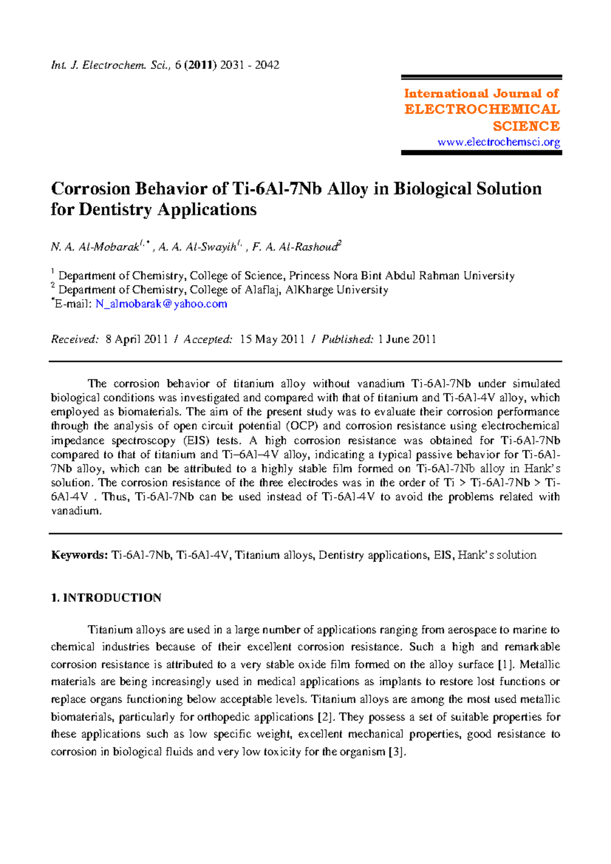 6062031 - Int. J. Electrochem. Sci., 6 (2011) 2031 - 2042 International Journal of ...