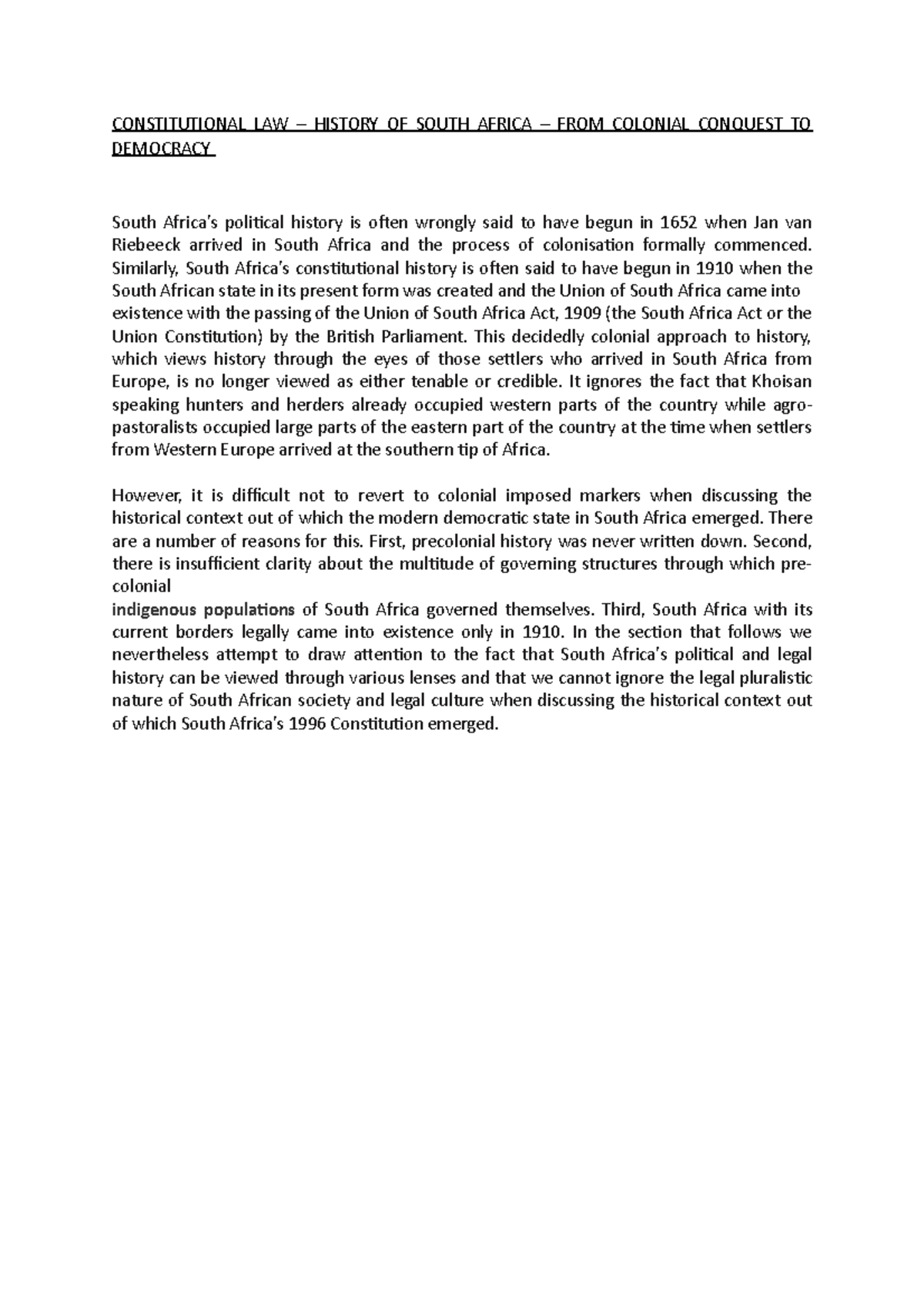 Constitutional LAW History of SA notes - CONSTITUTIONAL LAW – HISTORY