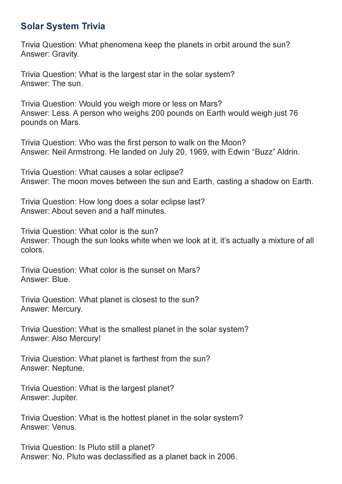 solar system questions and answers