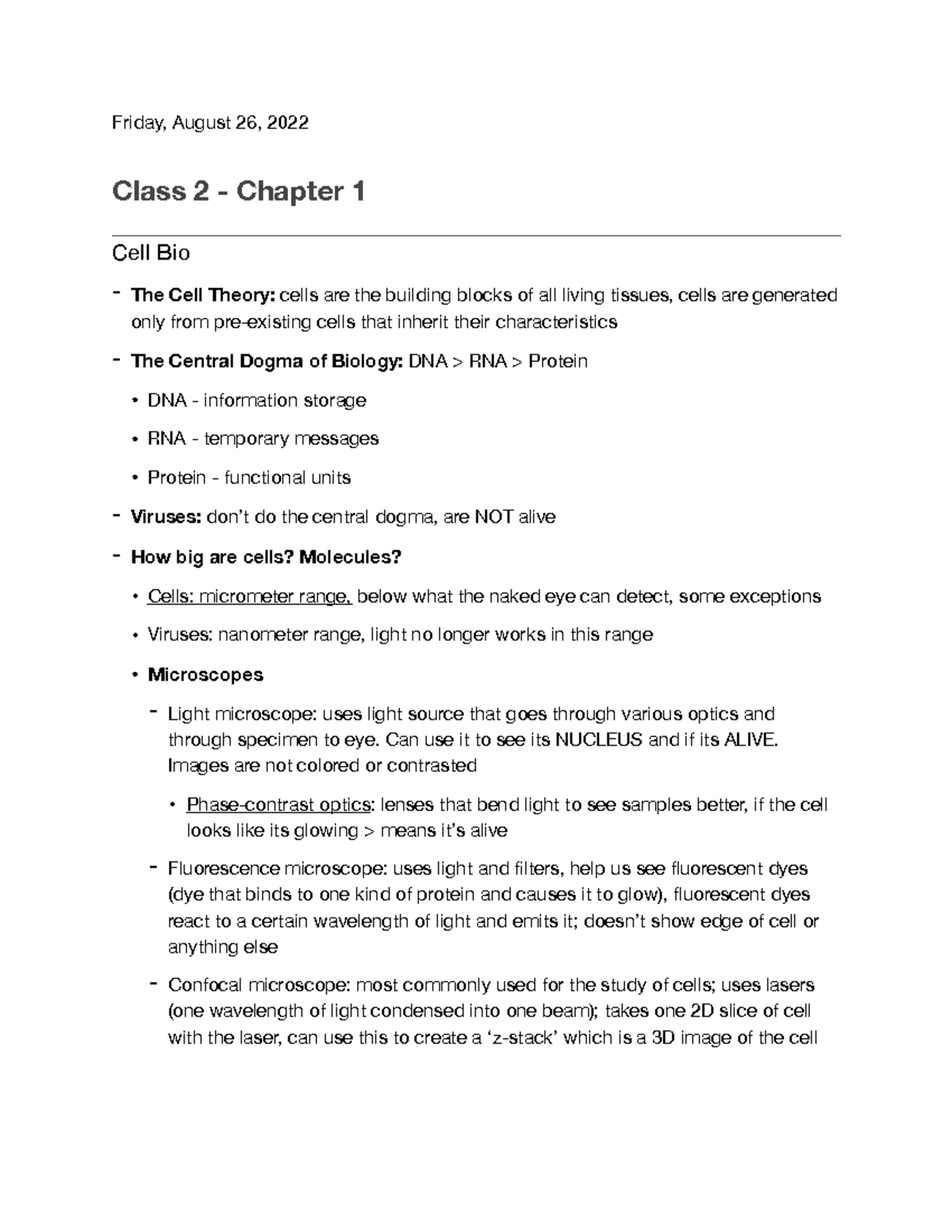 Chapter 1 - Friday, August 26, 2022 Class 2 - Chapter 1 Cell Bio - The ...