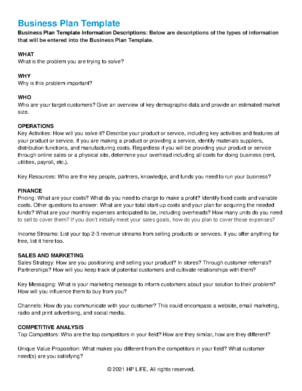 Business Plan Template - WHAT What is the problem you are trying to ...
