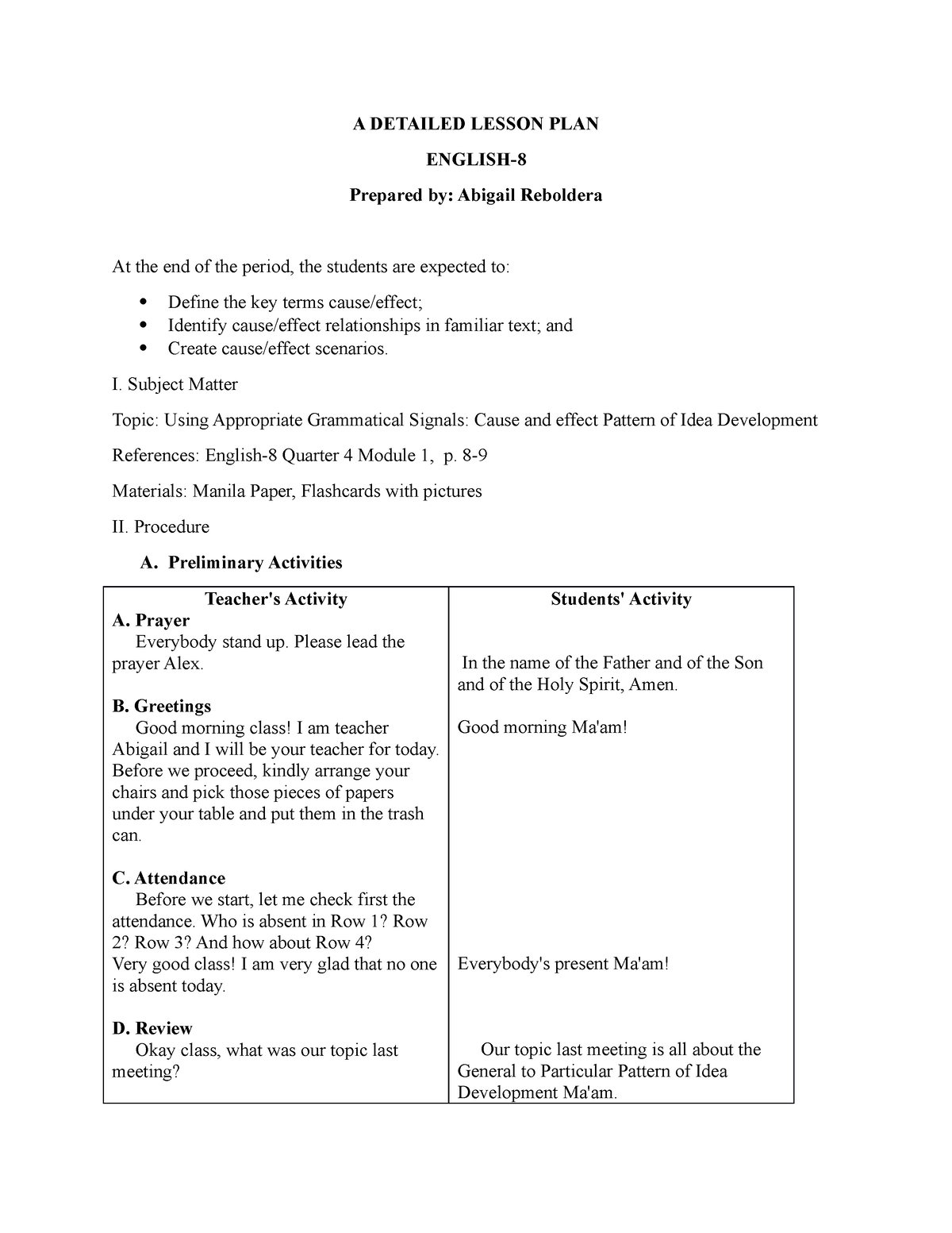 Cause And Effect Detailed Lesson Plan For Grade 8