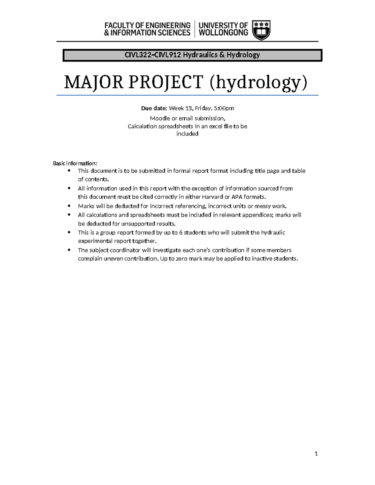 Project assignment 1 CIVL322 CIVL912‐ Hydraulics & Hydrology MAJOR