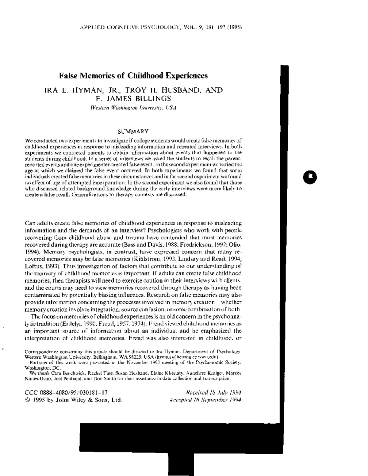 False Memories of Childhood Experiences - APPLIED COGNITIVE PSYCHOLOGY ...