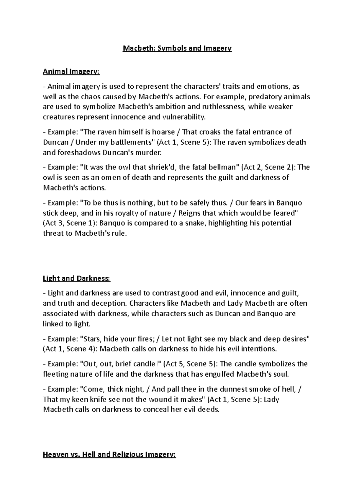 Symbols and Imagery Notes Macbeth Symbols and Imagery Animal Imagery