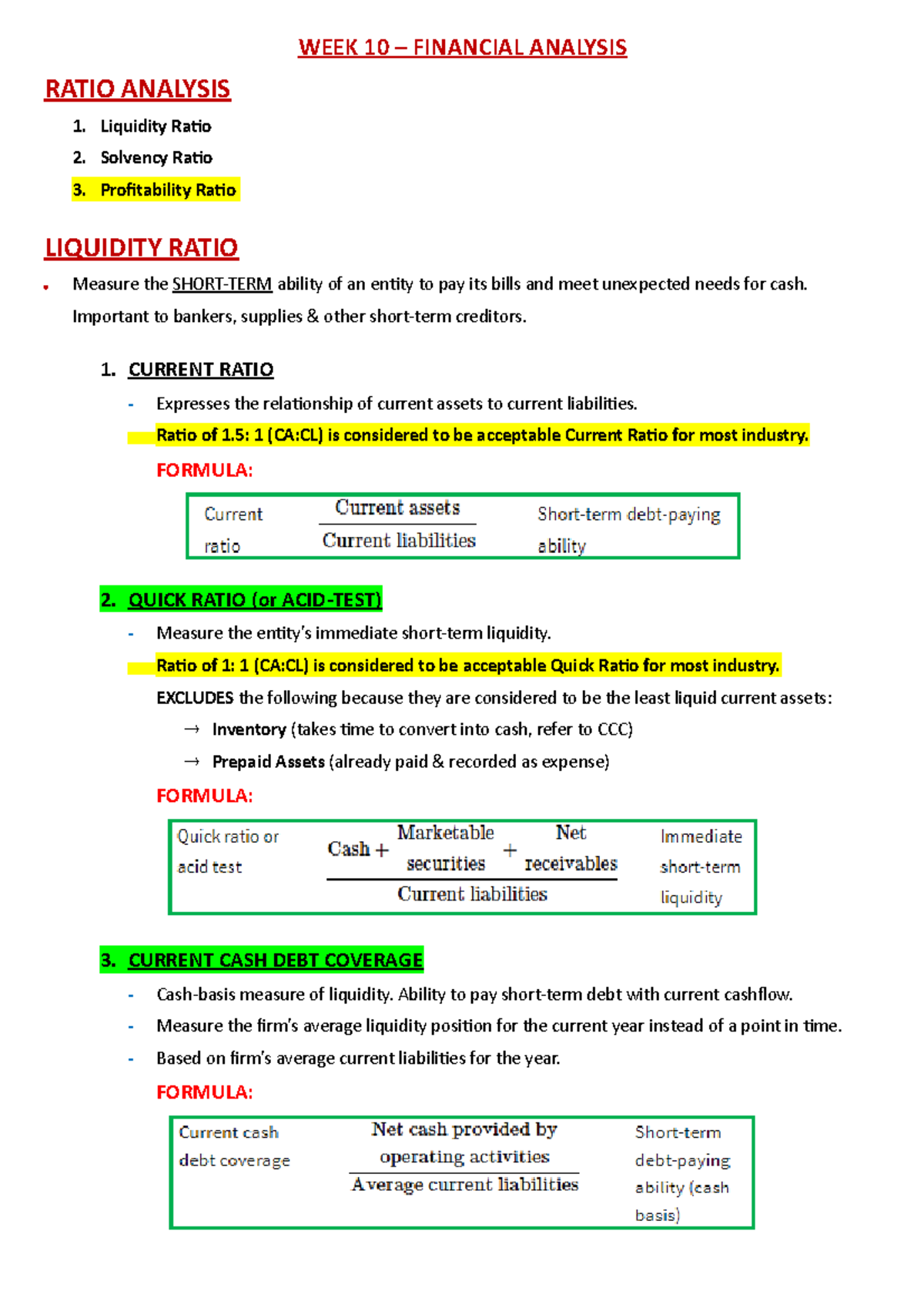 Notes for Ratios - WEEK 10 – FINANCIAL ANALYSIS RATIO ANALYSIS ...