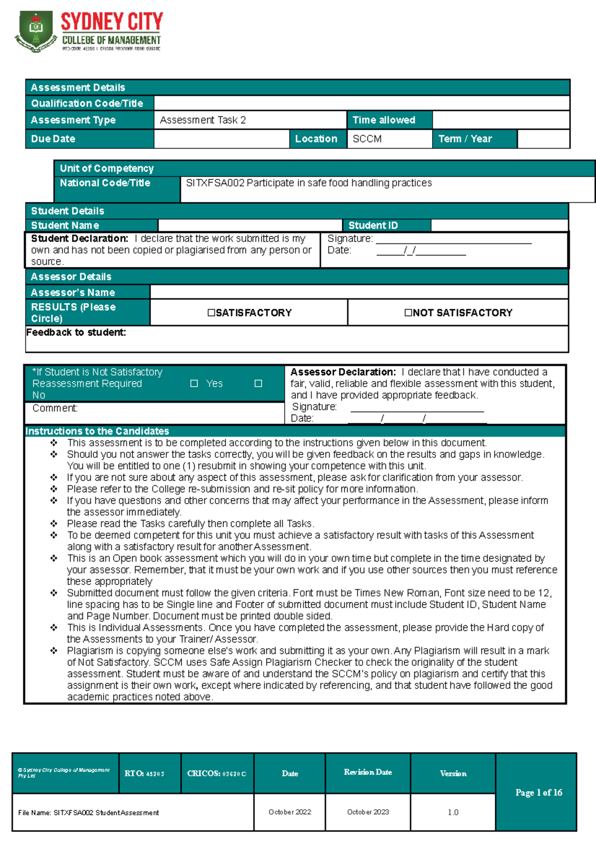 NEW Sitxfsa 002 Student Assessment Task 2 - Assessment Details ...