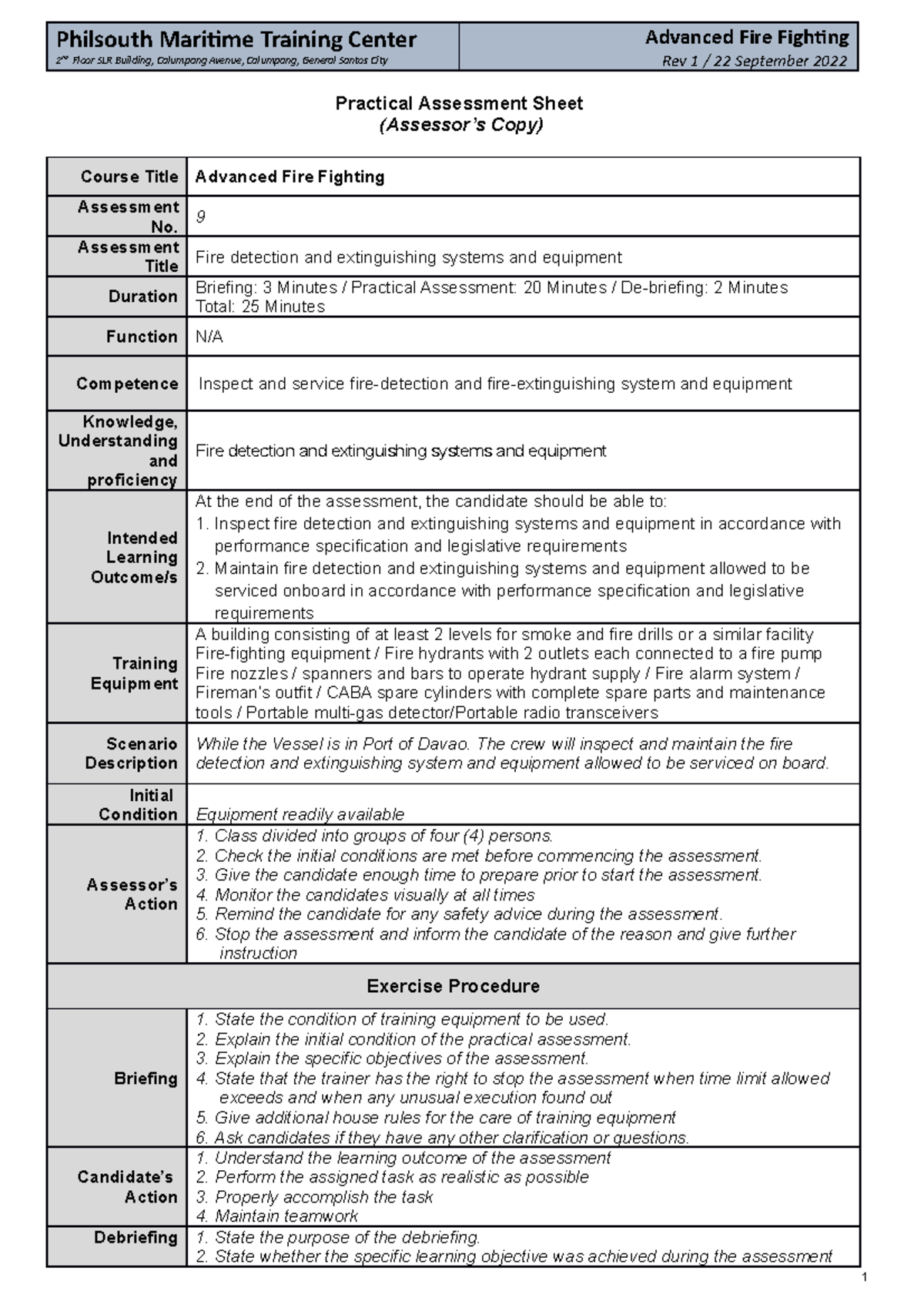 AFF 9 Practical Assessment Sheet Assessor's Copy - Philsouth Maritime ...