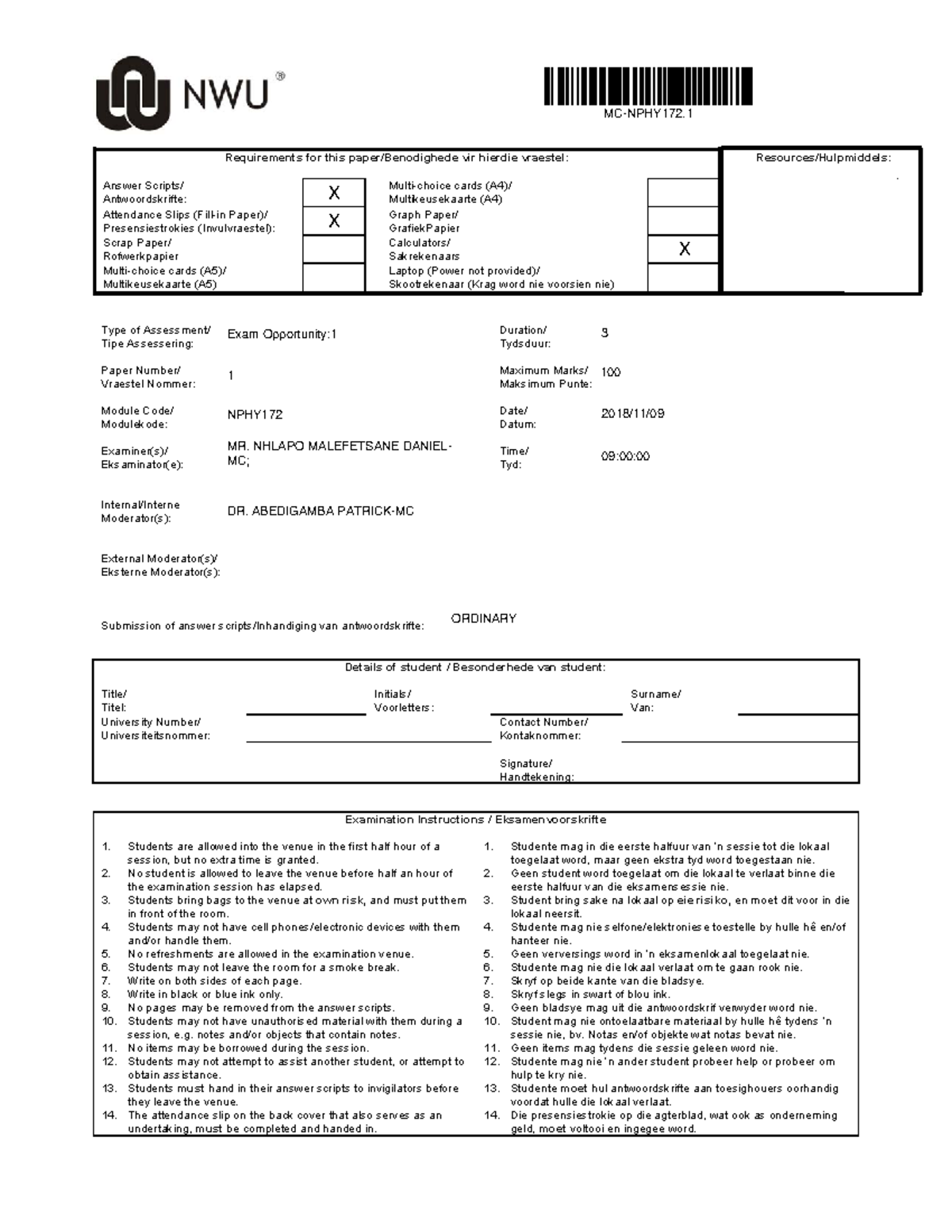 Nphy172 mcnov 2018 - Notes - Requirements for this paper/Benodighede ...