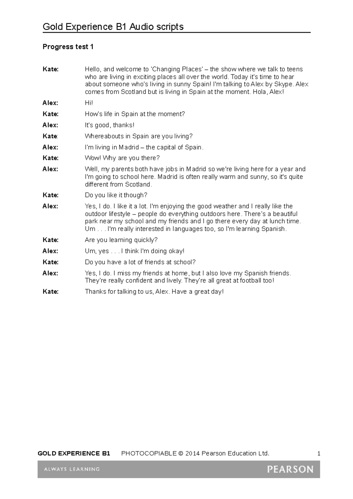 B1 Test audioscripts - Lengua extranjera I (Lengua extranjera I) - Gold ...