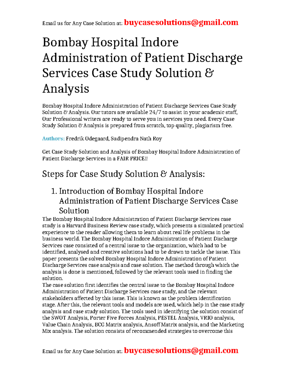 Case Solution Bombay Hospital Indore Administration of Patient ...