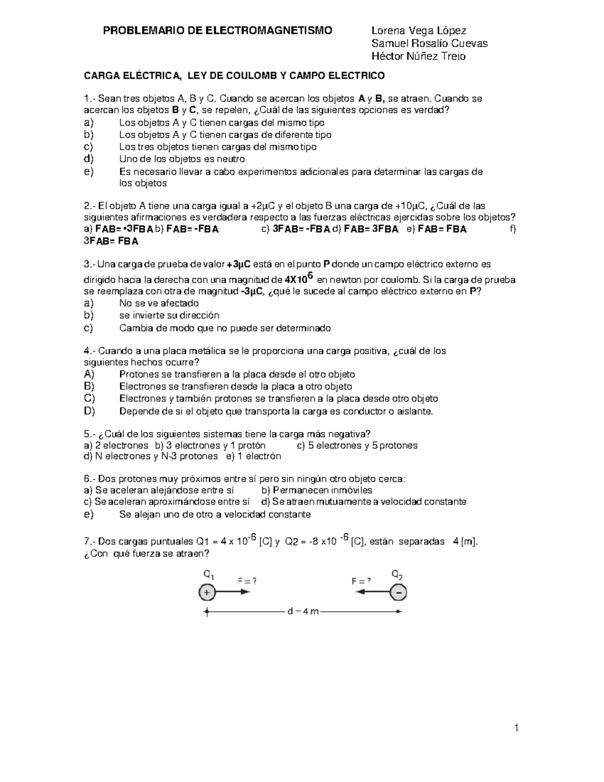 Problemario - CARGA ELÉCTRICA, LEY DE COULOMB Y CAMPO ELECTRICO 1 ...