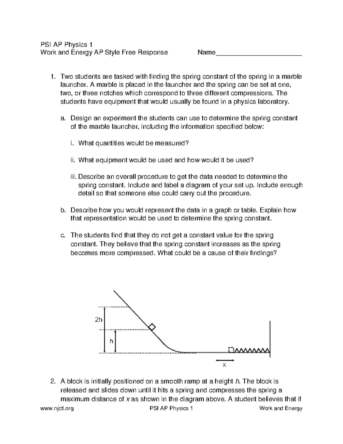 AP1 WS WORK AND Energy FR PSI AP Physics 1 Work And Energy AP Style