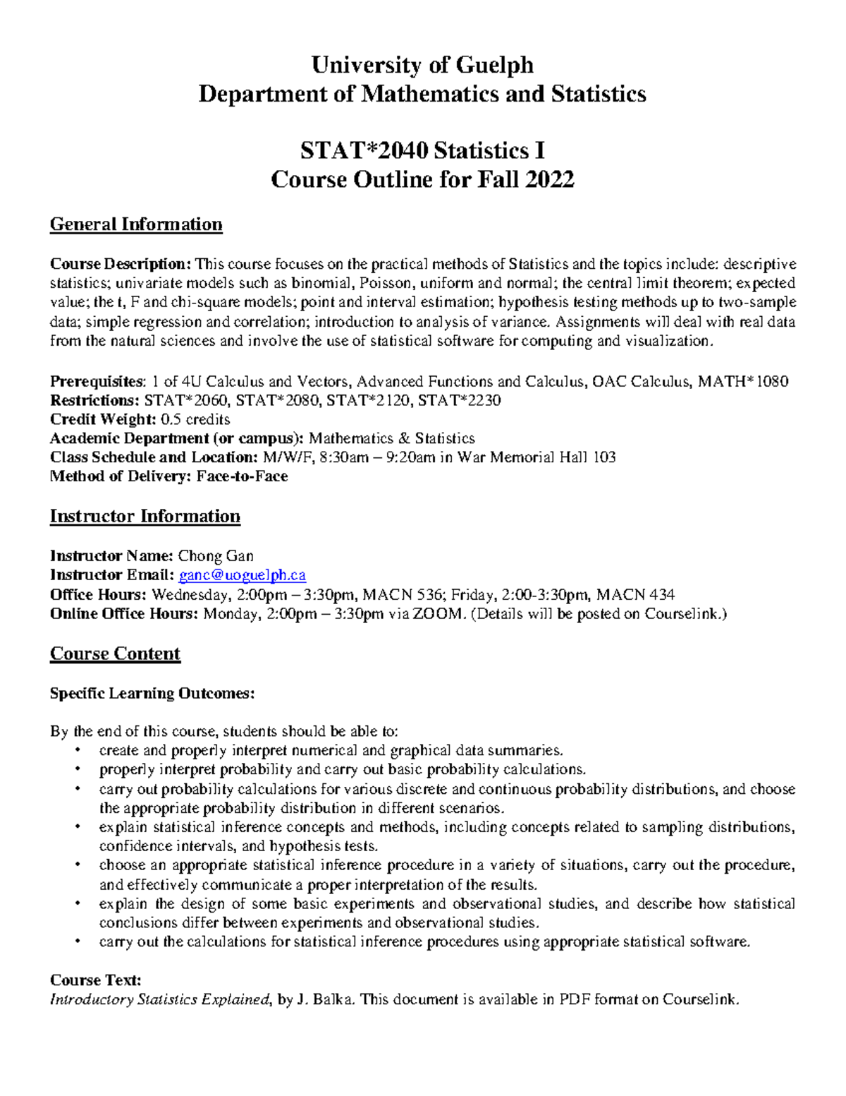 STAT2040 Course Outline F2022 - University of Guelph Department of ...