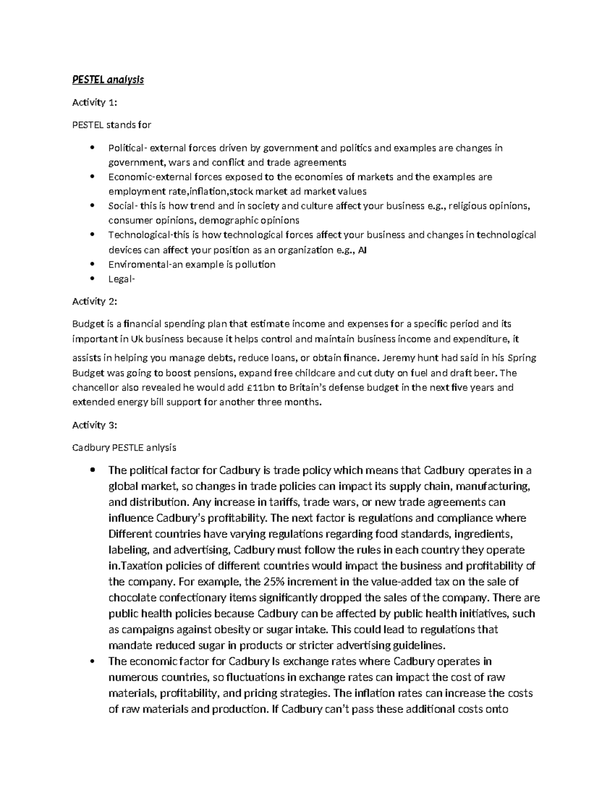 Pestel analysis - cadbury pestle analy - PESTEL analysis Activity 1 ...