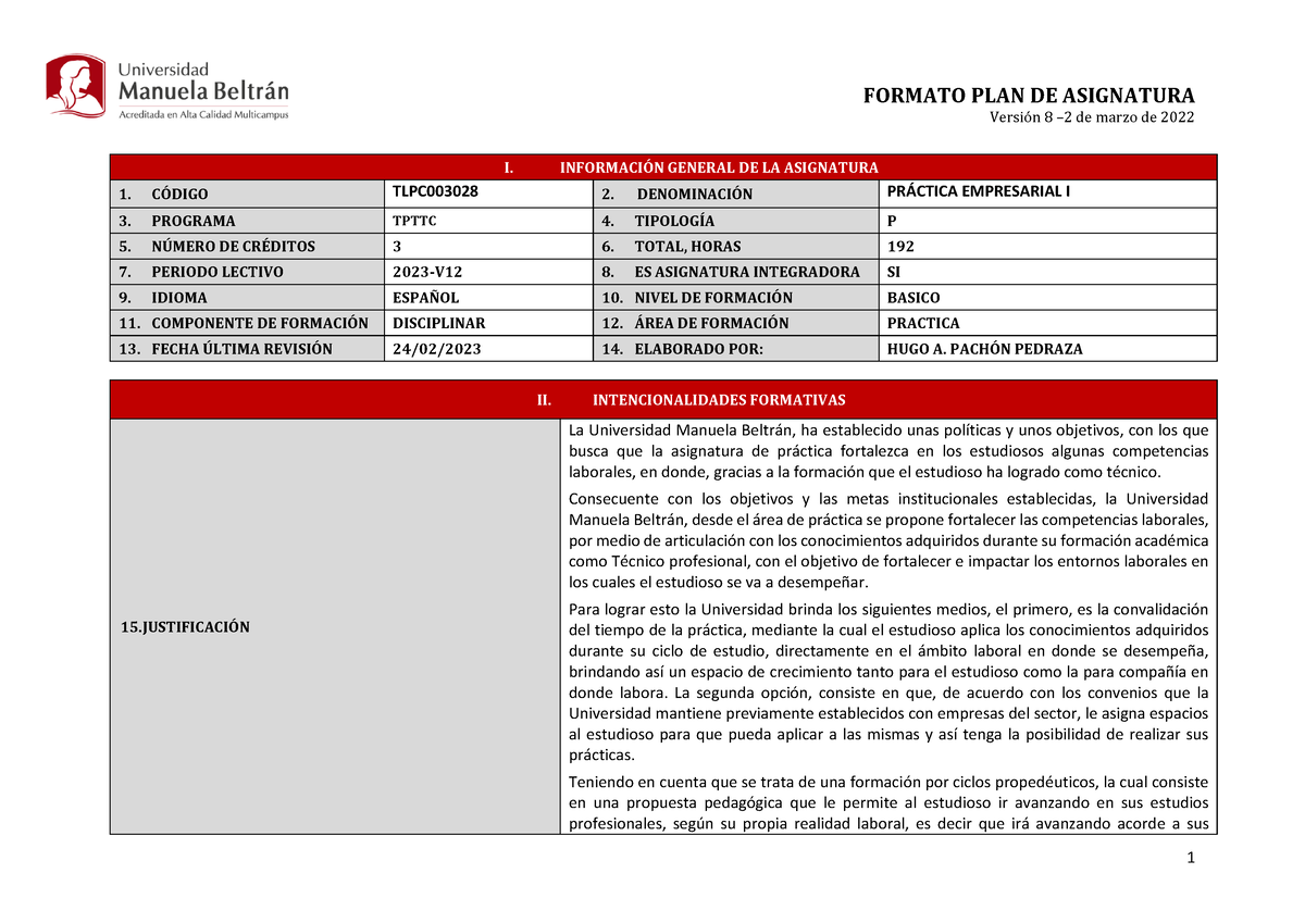 Plan De Asignatura Practica Empresarial I - VersiÛn 8 – 2 De Marzo De ...