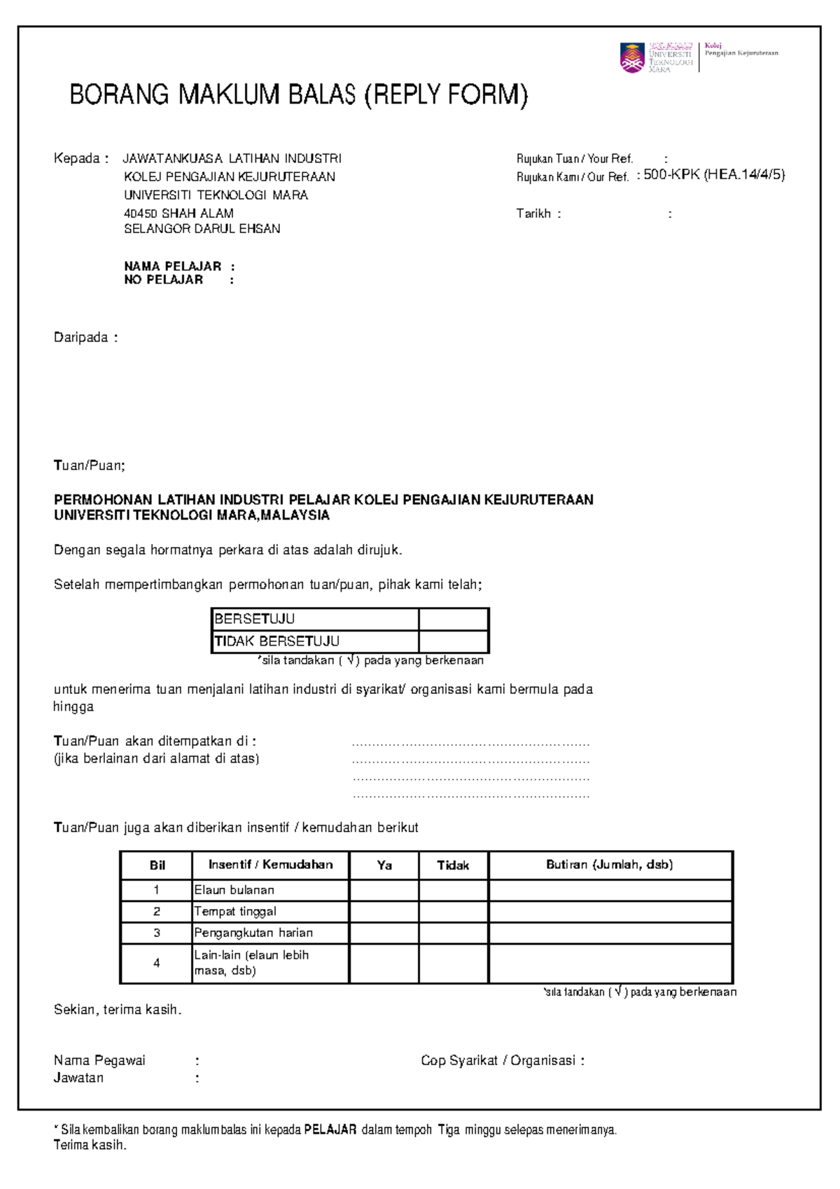 Borang Maklum Balas - BORANG MAKLUM BALAS (REPLY FORM) Kepada ...