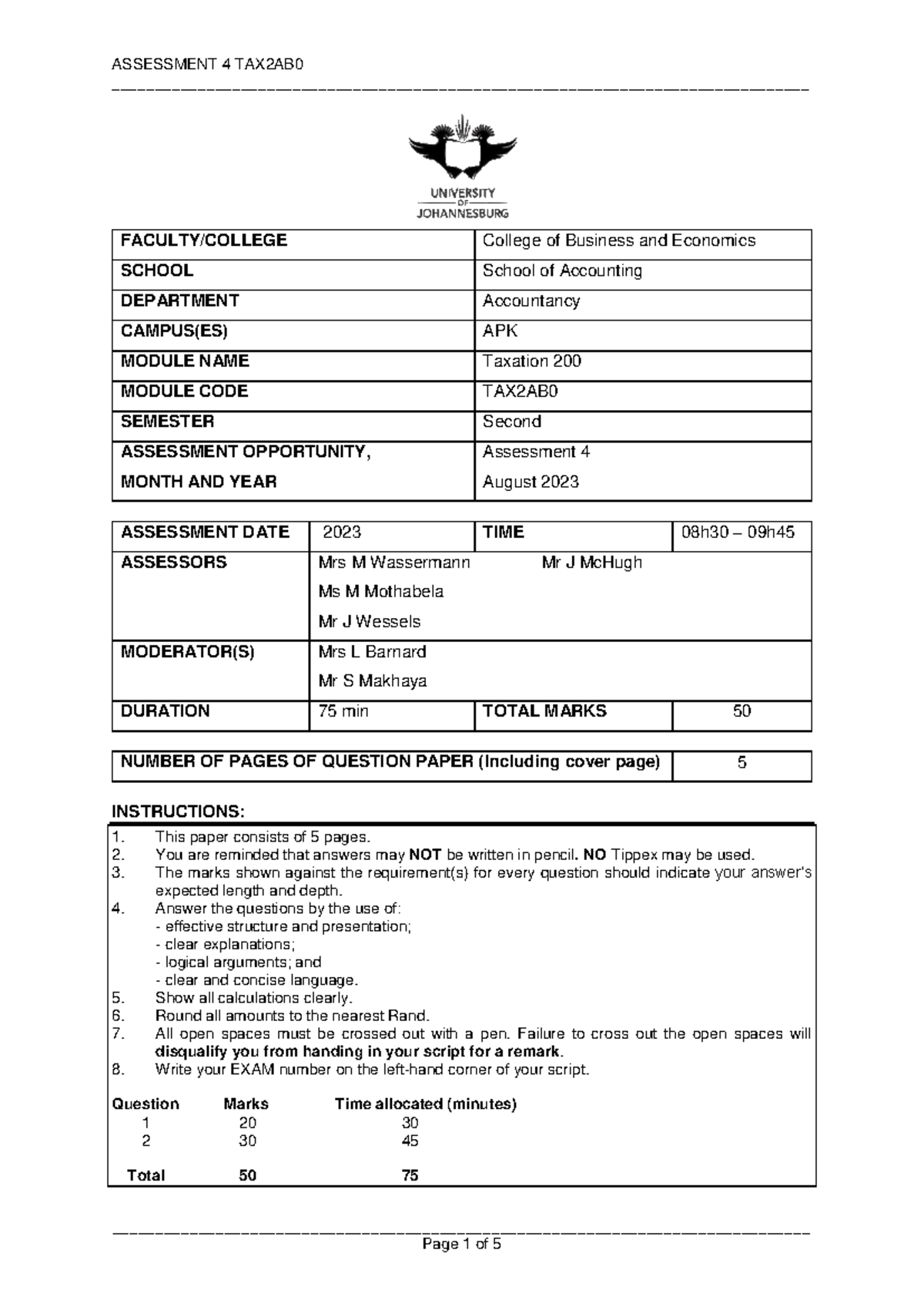 Assessment 4 2023 TAX200 Question - FACULTY/COLLEGE College of Business ...