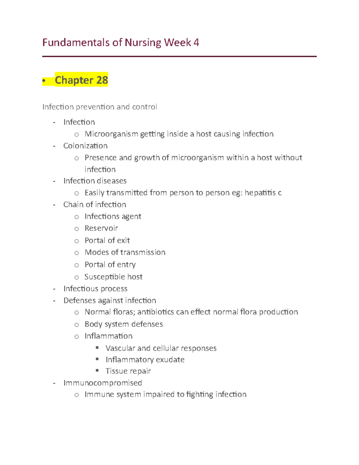 Fundamentals Of Nursing Week 4 - Studocu