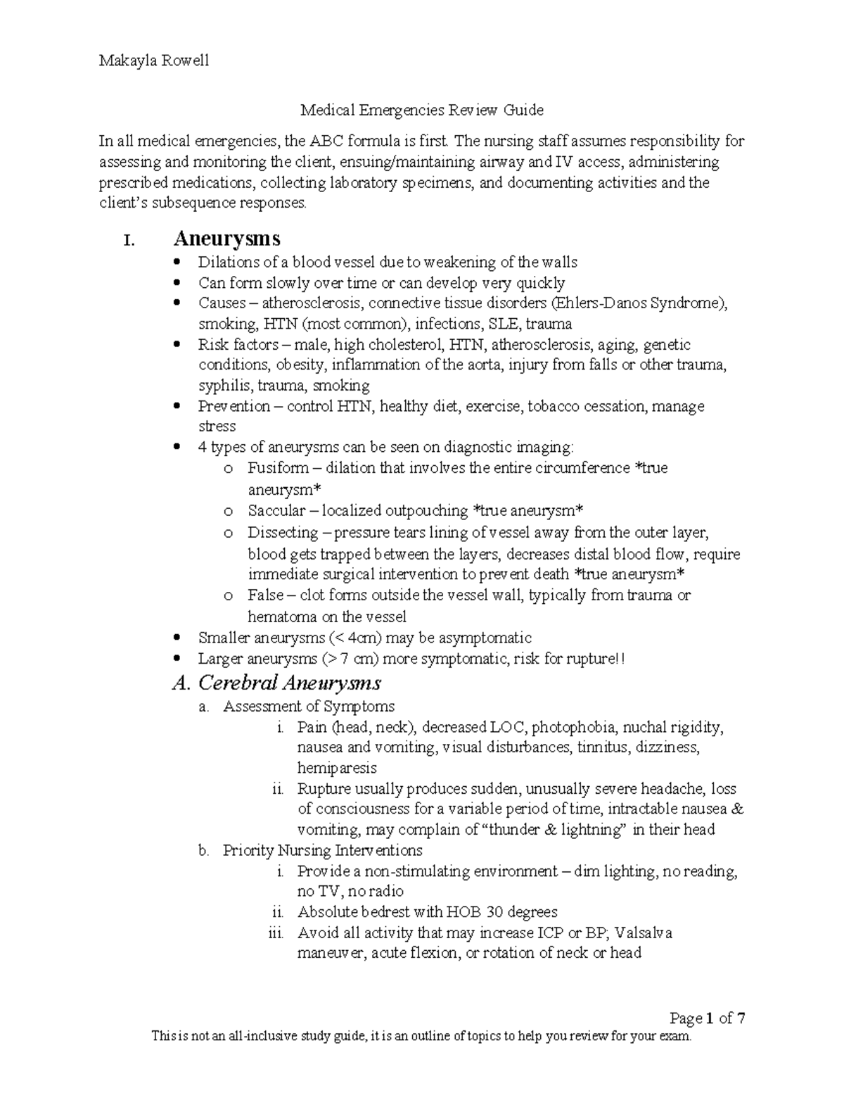 Medical Emergencies Review Guide - The nursing staff assumes ...