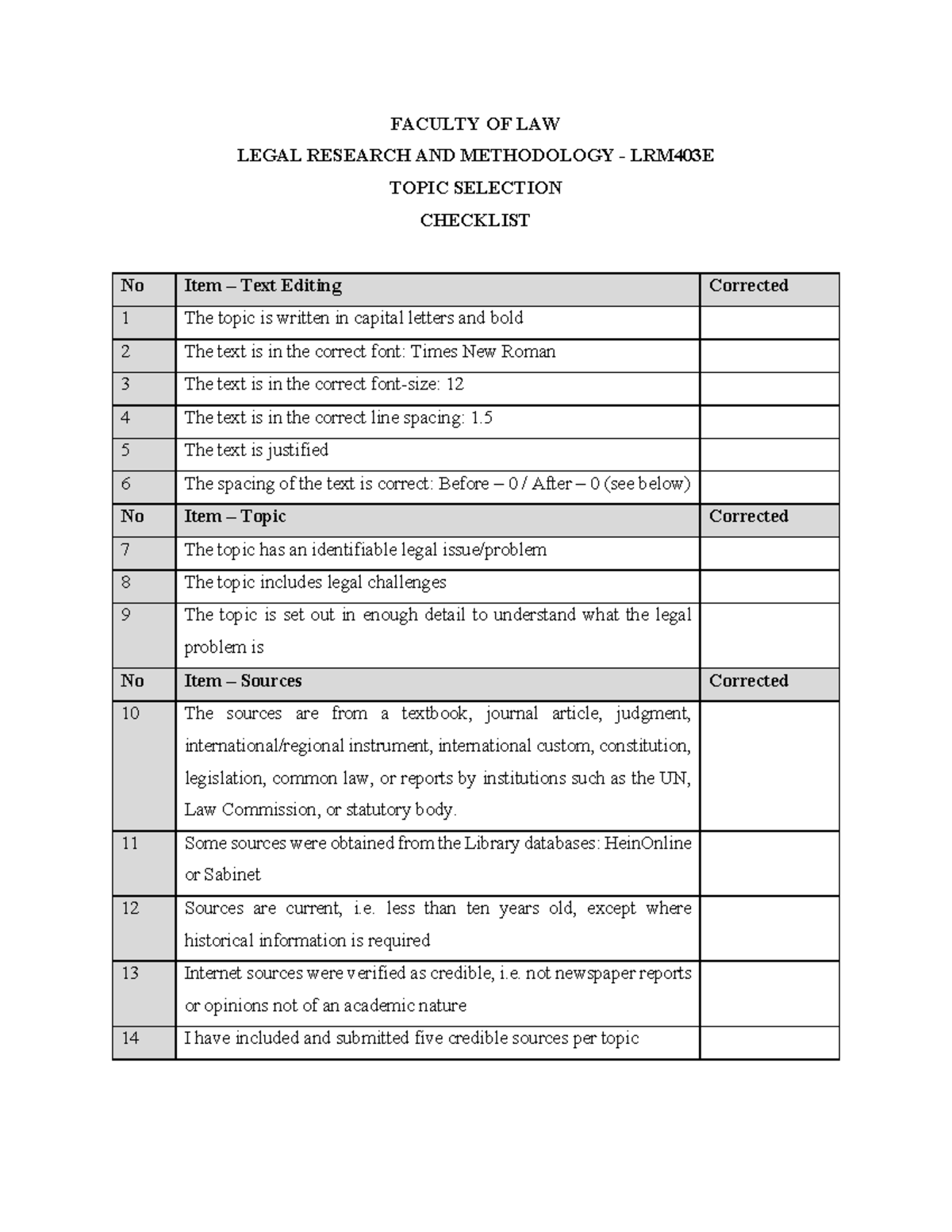 Topic Selection Checklist(1) - FACULTY OF LAW LEGAL RESEARCH AND ...