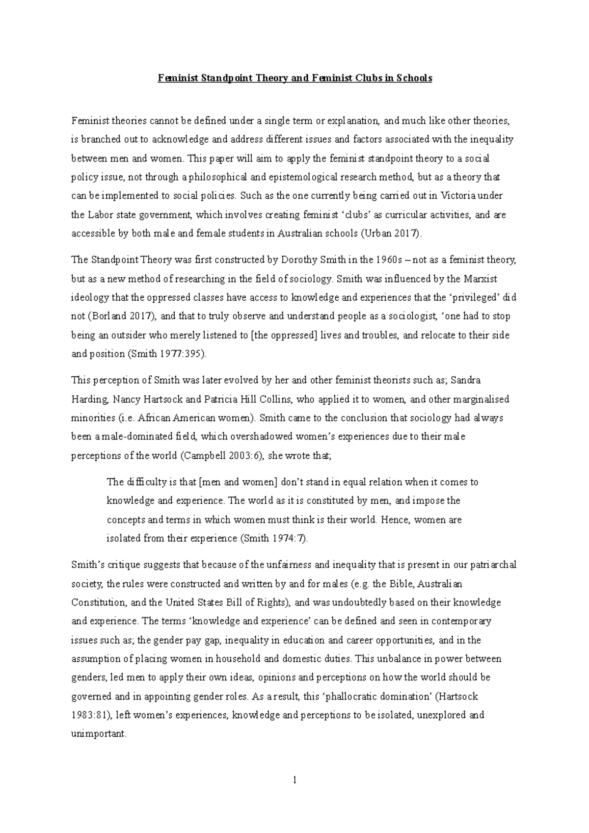 SRAP3000 Tute Paper B - Feminist Standpoint Theory and Feminist Clubs ...