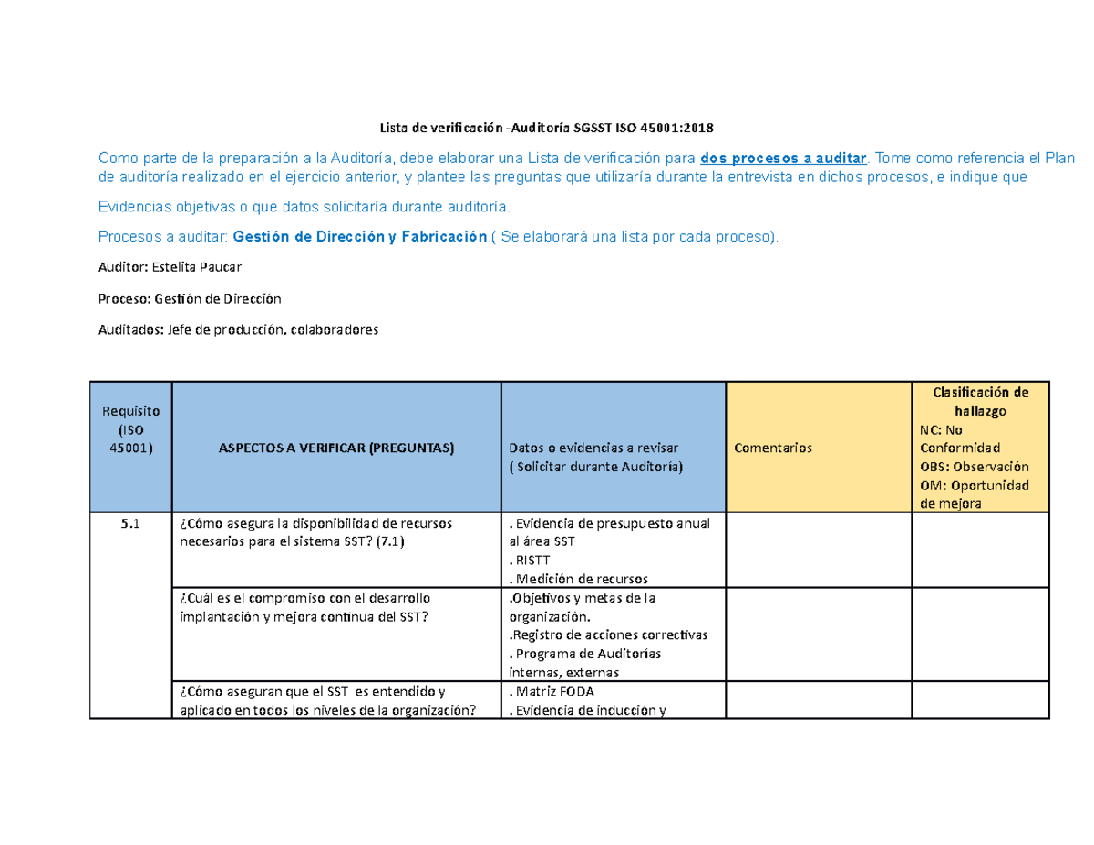 Lista DE Verificación ISO 45001 - Lista de verificación -Auditoría