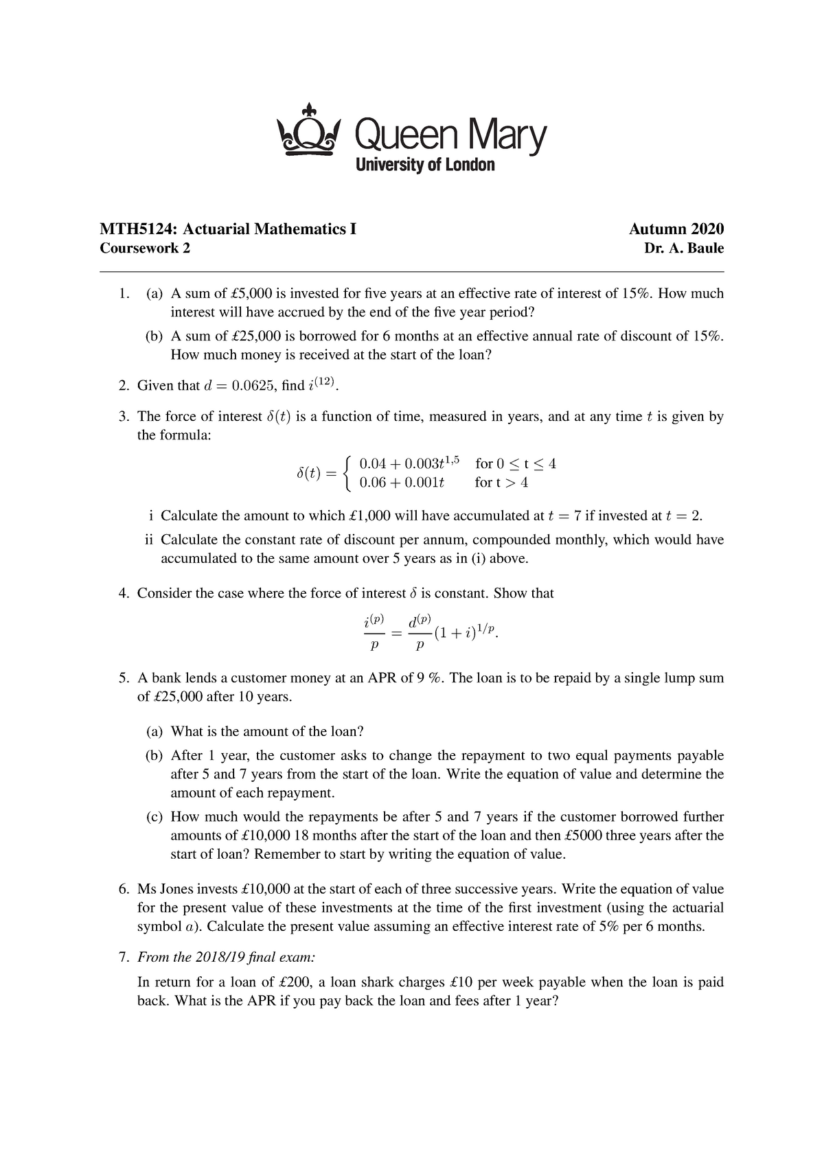 MTH5124 Coursework 2 - MTH5124: Actuarial Mathematics I Autumn 2020 ...