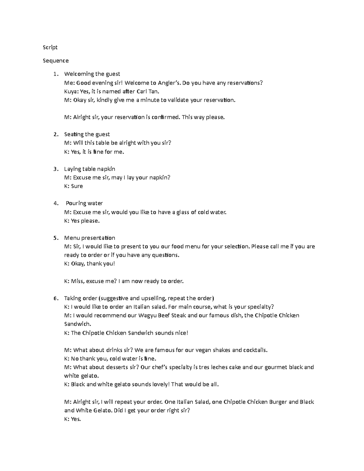 Food-sequence - Lecture notes 1 - Script Sequence Welcoming the guest ...