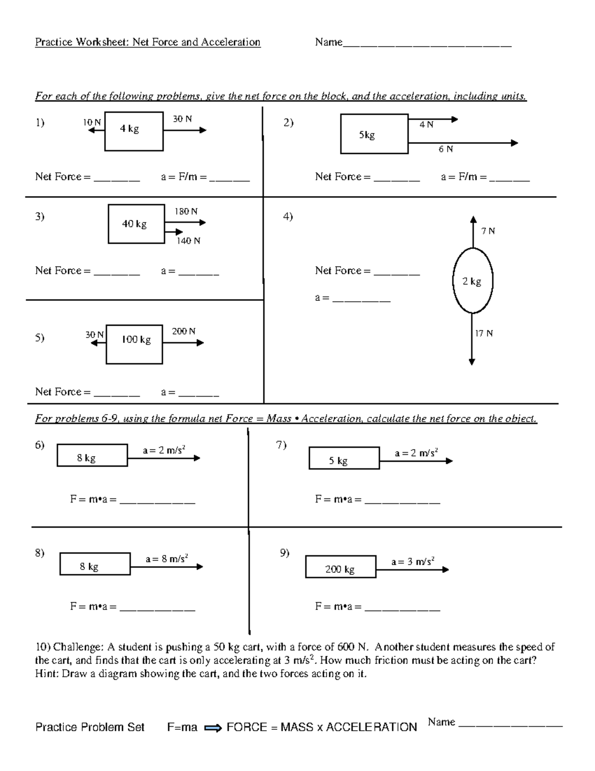 Net force and acceleration worksheet - Practice Worksheet: Net Force ...