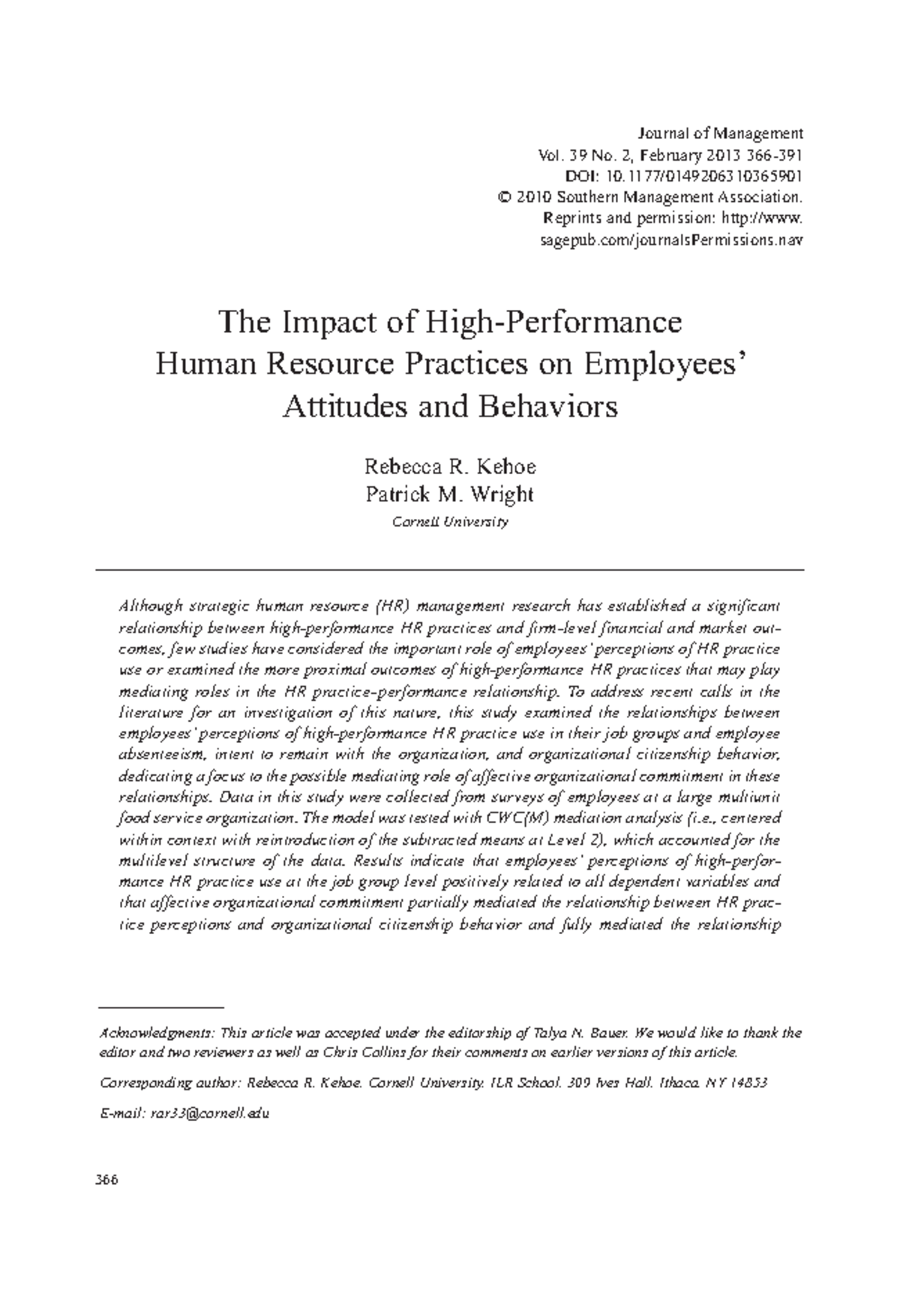 The Impact of High Performance Human Resource Practices on Employees ...