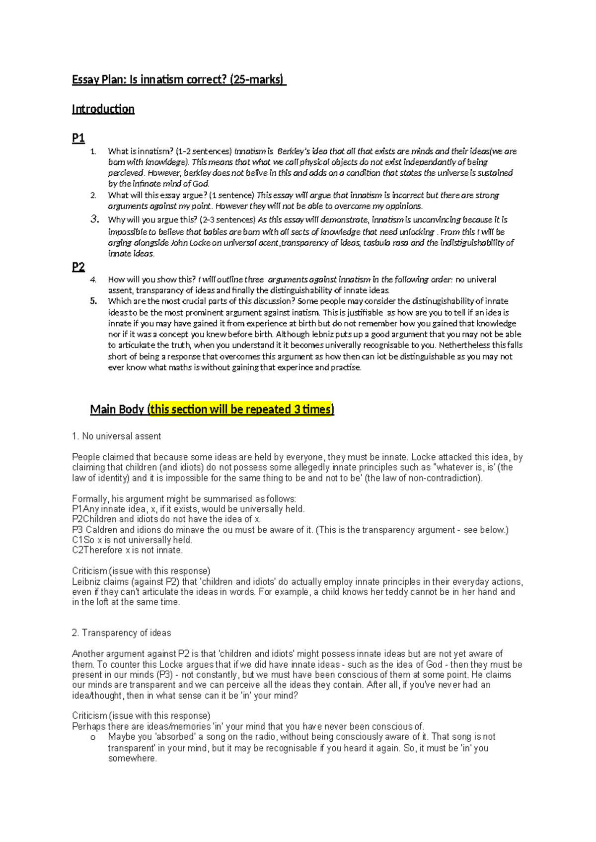 Is Innatism Correct Three-Part Essay Plan - Essay Plan: Is innatism ...