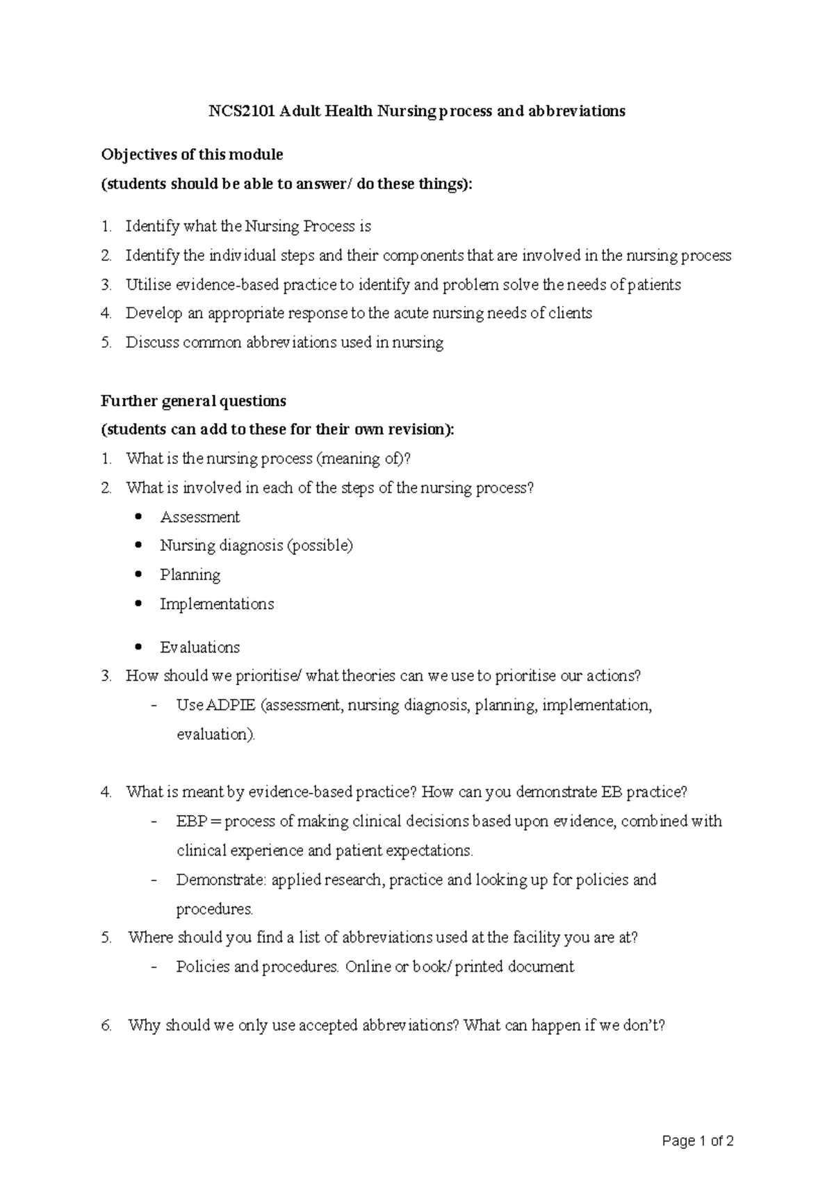 NCS2101 Adult Health Nursing process and abbreviations - What is meant ...