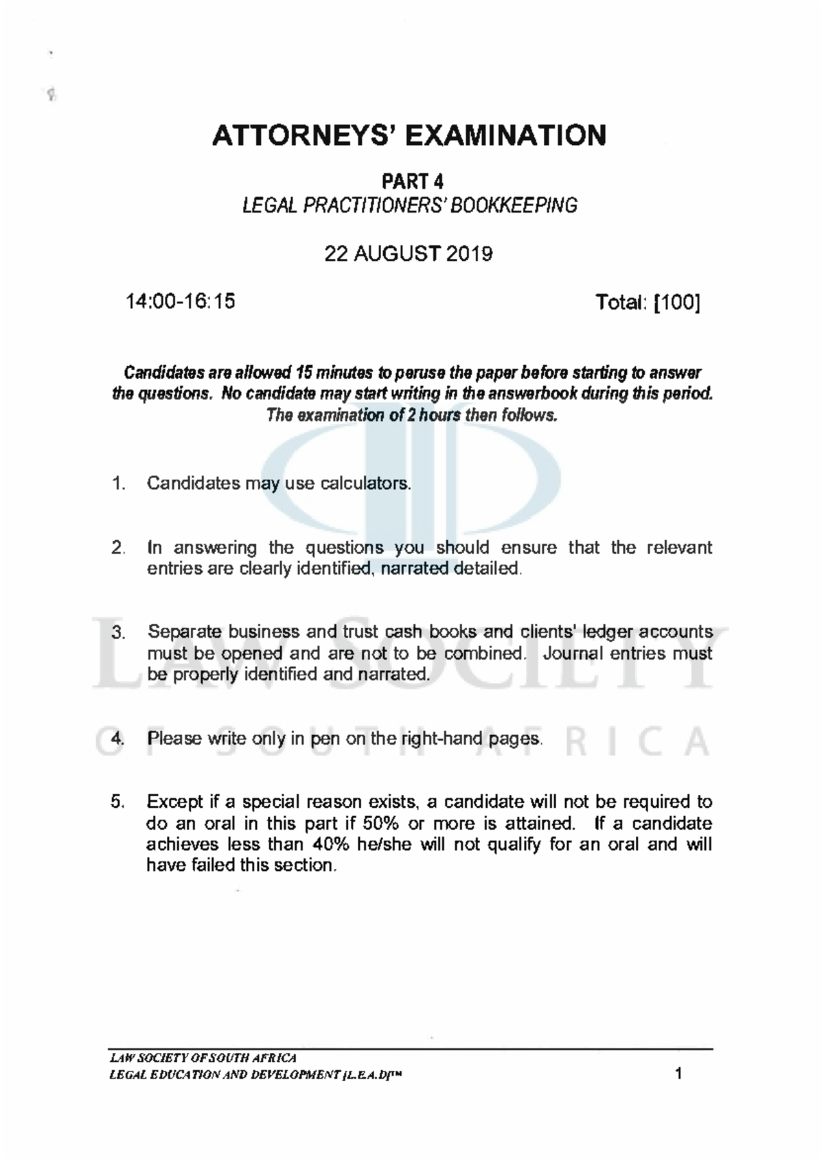 2019 22 August PART4 Past paper ATTORNEYS' EXAMINATION PART LEGAL