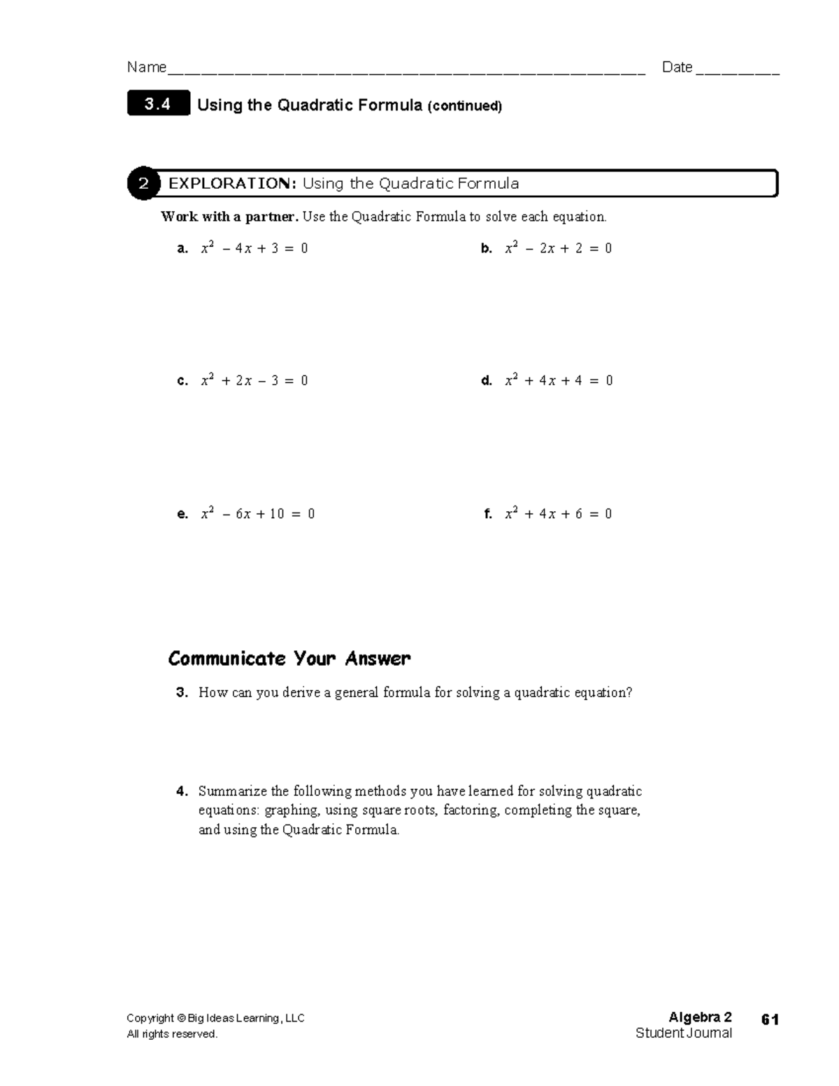 Using the quadratic formula copyright big ideas learning llc