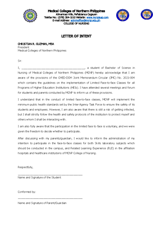 Letter Of Intent Letter Medical Colleges Of Northern Philippines Alimannao Hills Penablanca Studocu