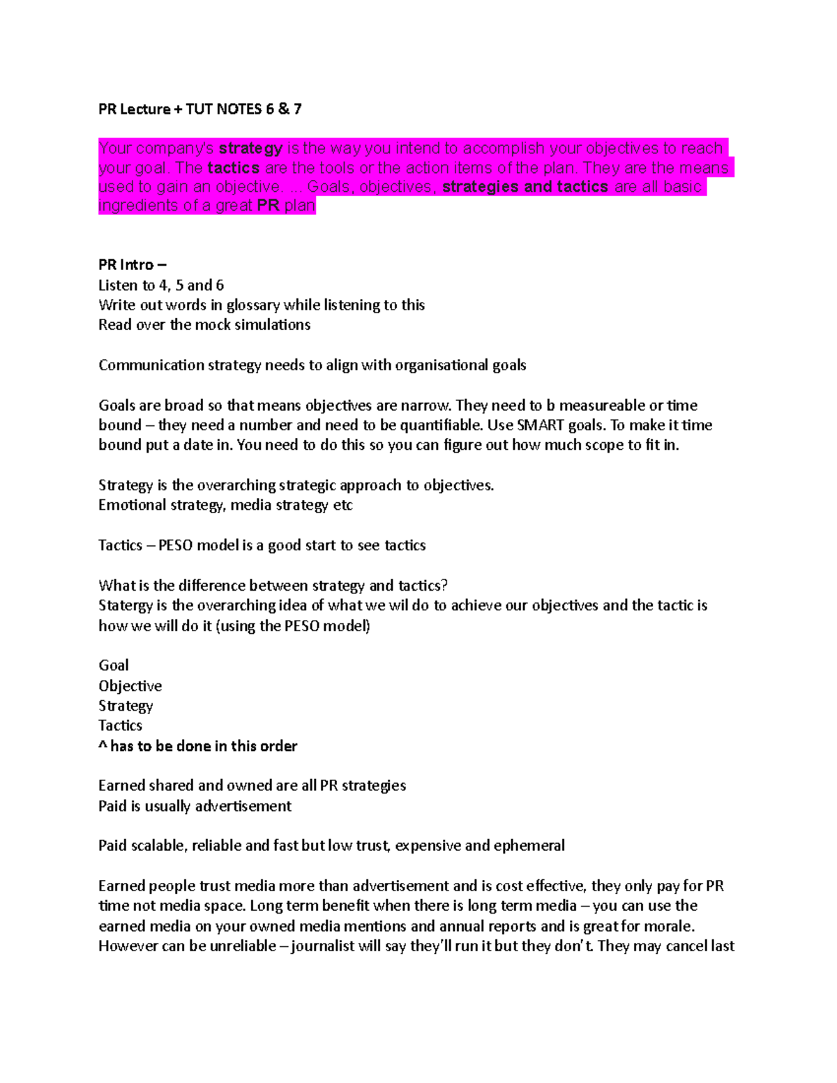 PR Lecture + notes 6 & 7 - PR Lecture + TUT NOTES 6 & 7 Your company's ...