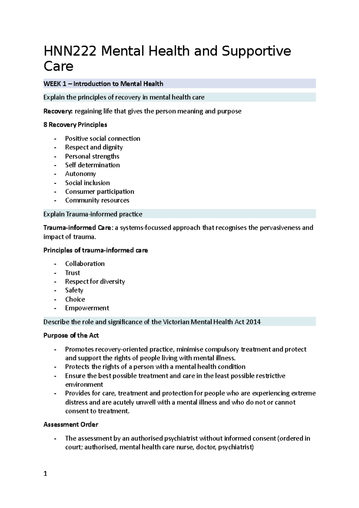 HNN222 Content Notes - HNN222 Mental Health and Supportive Care WEEK 1 ...