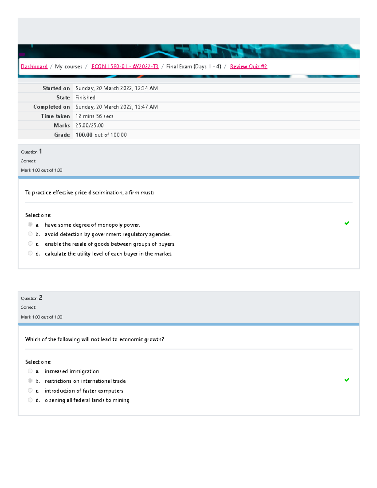 ECON 1580 Review Quiz #2 Attempt Review - Started On Sunday, 20 March ...