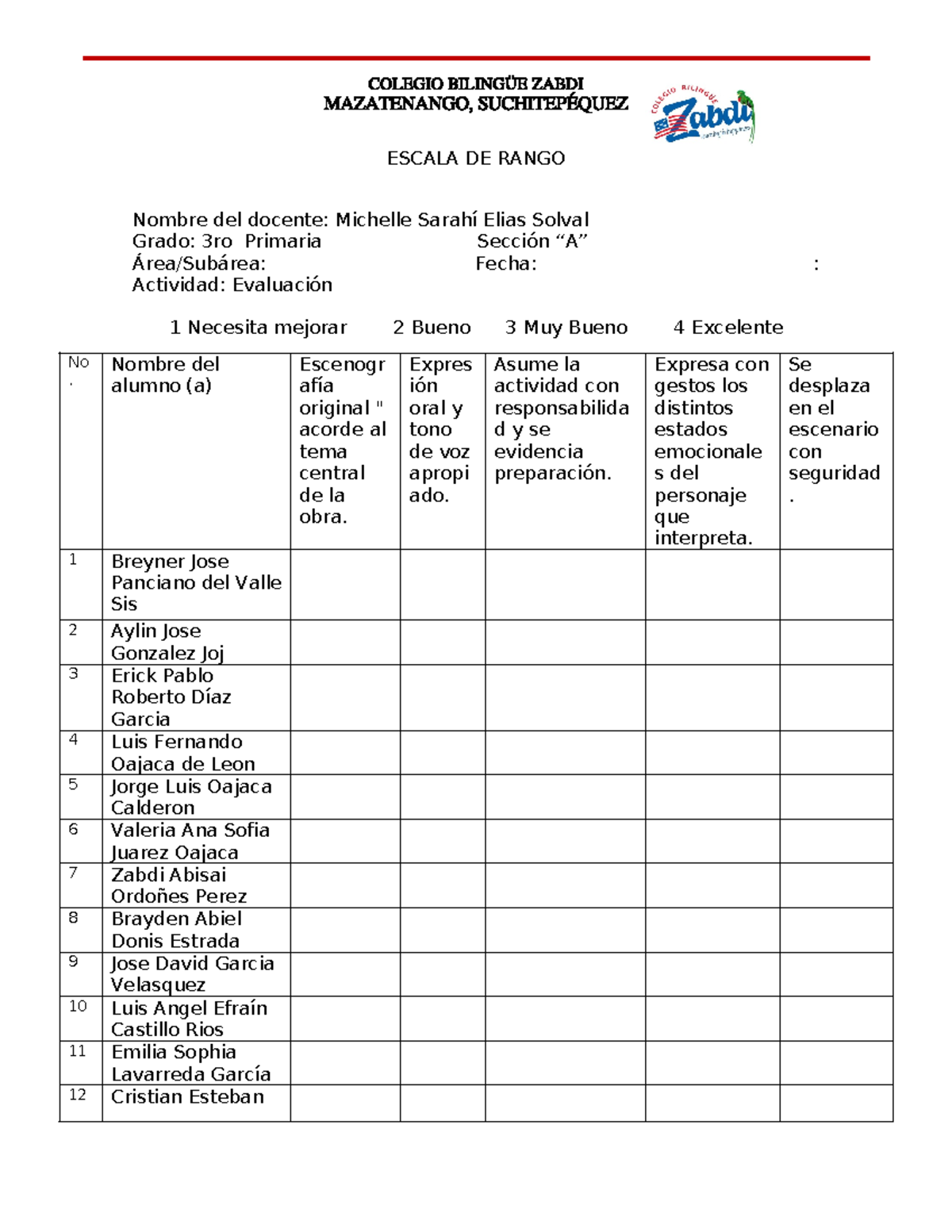 Escala de rango 3ro primaria - COLEGIO BILINGÜE ZABDI MAZATENANGO ...